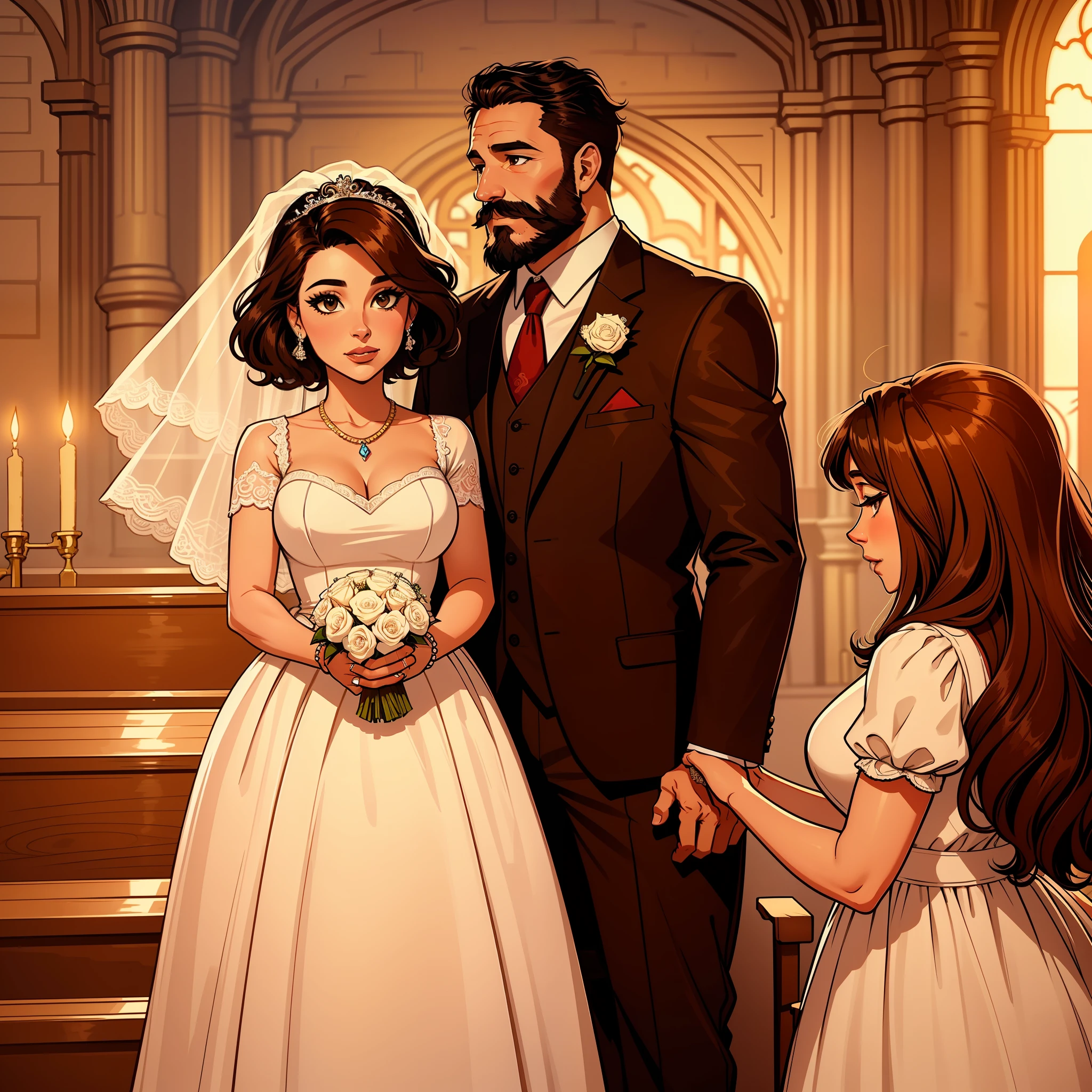 Illustration of a brown-eyed, short-haired, brown 40-year-old bride getting married in church to a 40-year-old man with a beard and mustache dressed in a Disney-style suit