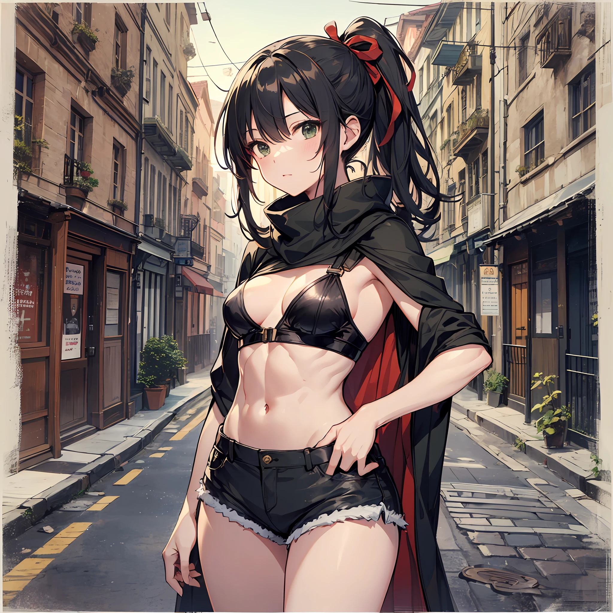 maximum quality Chinon a ninja A sexy ponytails Kunoichi slender and neat legs Beautiful abs Super slender small chest Cool face small tits 15Age Dark hair Green Ribbon random posing Old townscape Wearing a black cloak Frugal beige shorts Black camisole