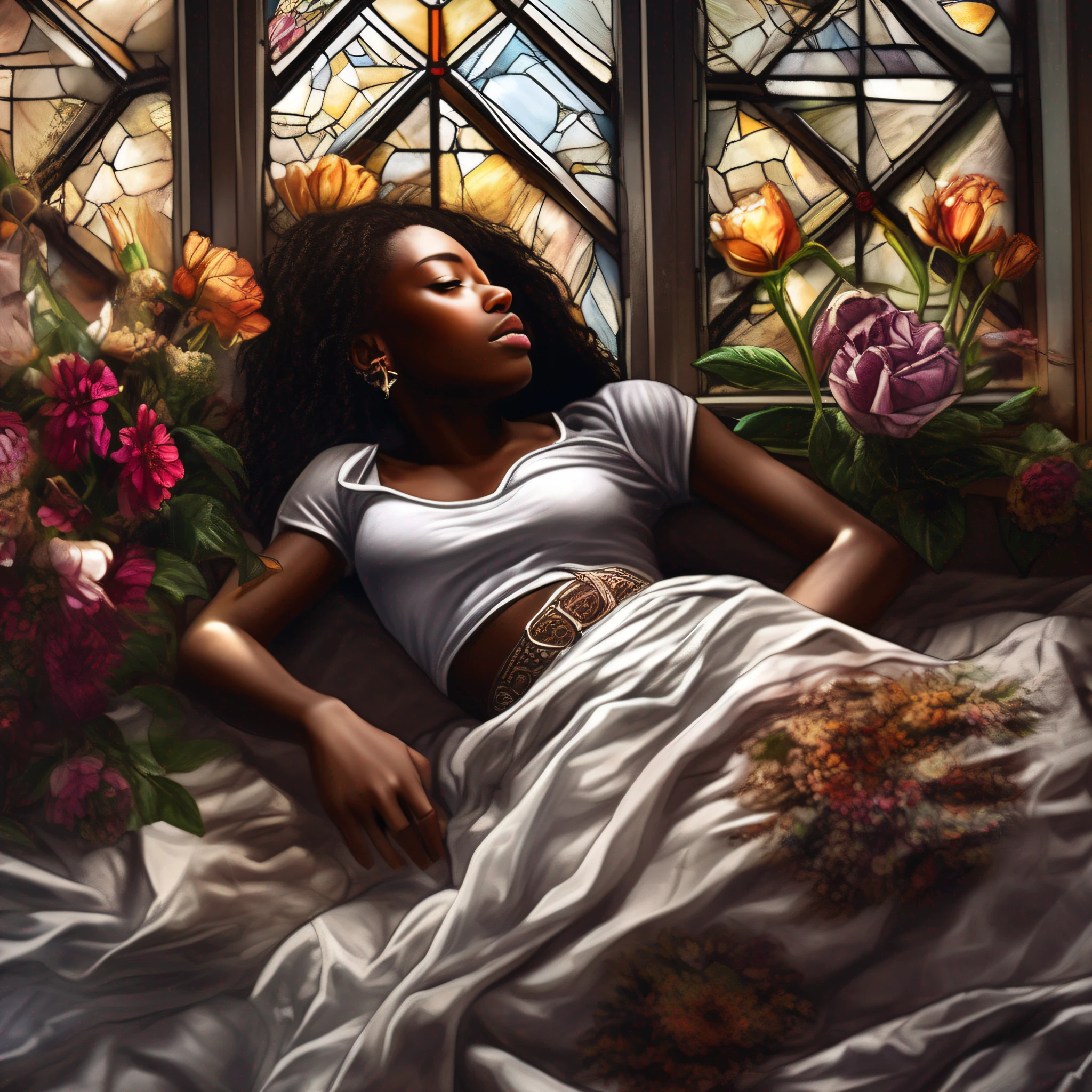 Beautiful agony 18 year old female with dark skin laying in bed top view, Masterpiece, highest quality, high resolution, extreme detail, 1 woman, d, 3/4 long shot, cowboy shot, greenhouse, flowers, next to large windows, stained glass windows, hotel room location