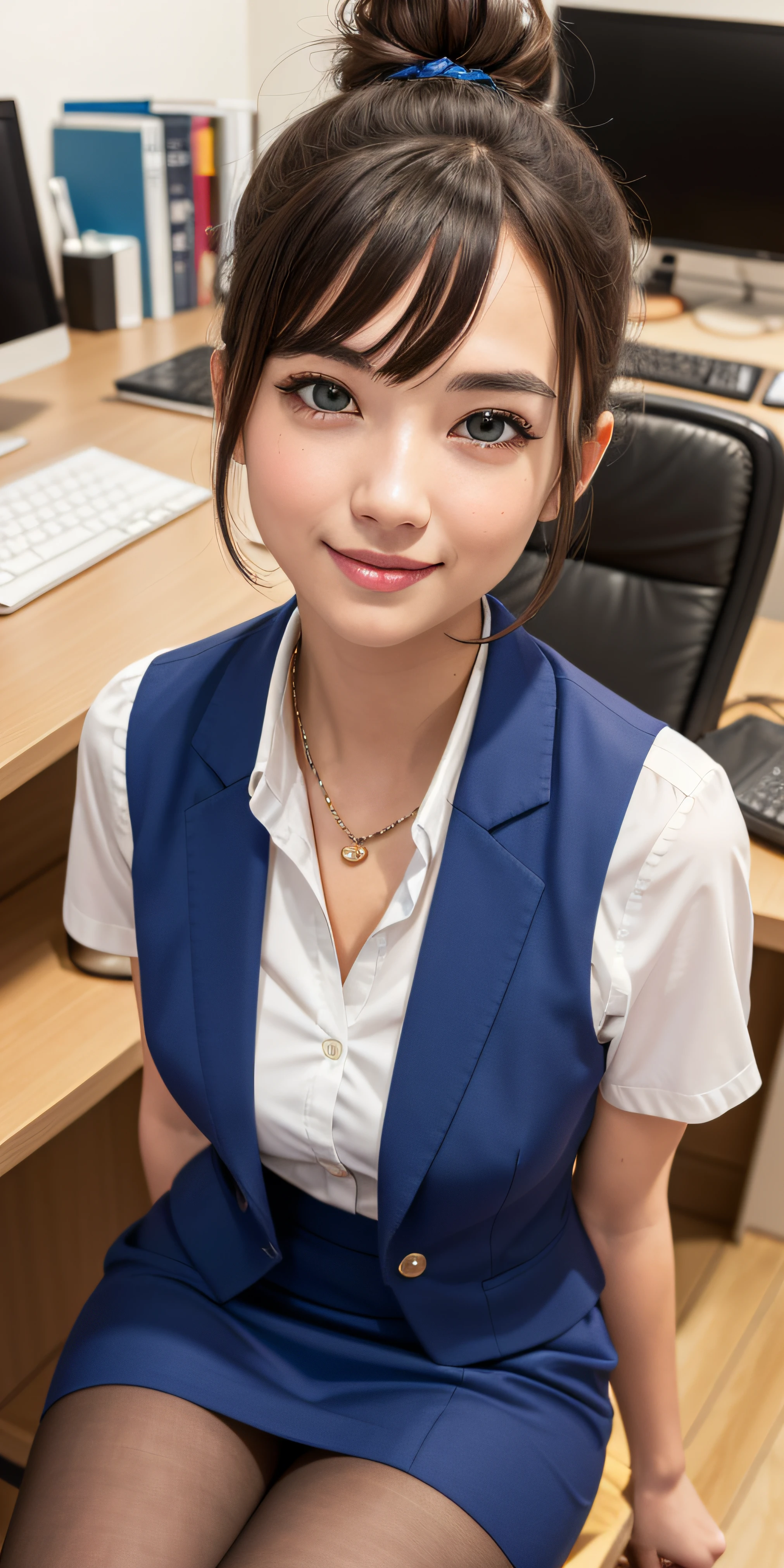 (RAW, best quality, masterpiece:1.5), (photo realistic, intricate details:1.2), ultra highres, absurdres,
1girl, beautiful face, blue eyes, green eyes, detalied eyes, symmetric eyes, light on face, nose blush, short hair, hair bun, black hair tie, 
clk, vest, suit, pencil miniskirt, white shirt, silk scarf, black pantyhose, [:20d, :0.8],
smile, small dimples, sexually suggestive, 
medium breasts, slim waist, slim legs, long legs,
sitting on chair in front of desk, perfect body, good proportions,
looking at viewer, 
(office, indoor, hyper detailed background:1.2), japan, copy machine, file cabinet, computer, monitor,
shiny skin, real skin texture, 
natural lighting, best lighting, detailed background, detailed shadow, sharp focus, depth of field f/2,
saturated, high contrast, strong light and shadow