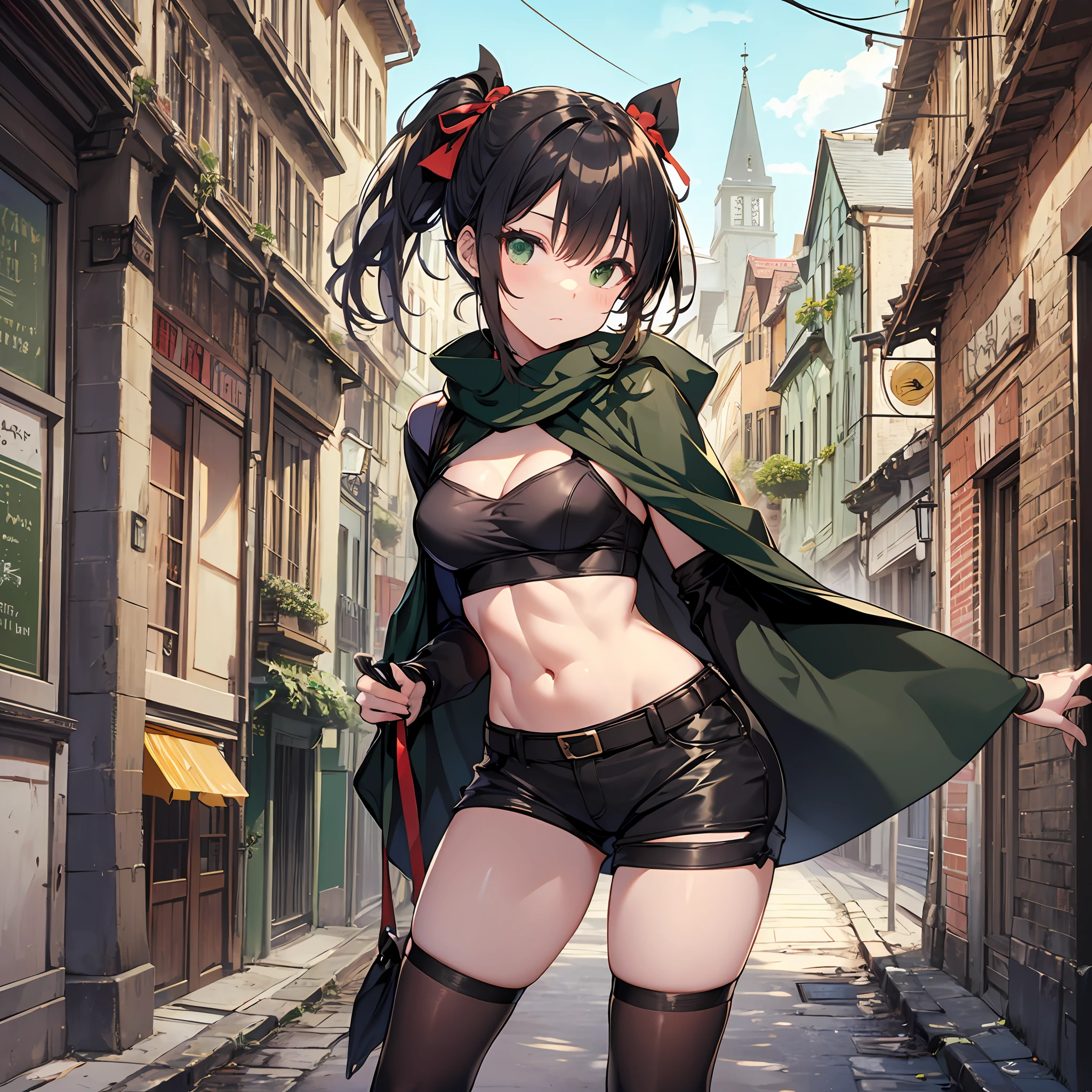 maximum quality　　Chinon　a ninja　A sexy　ponytails　Kunoichi　slender and neat legs　Beautiful abs　Super slender　small chest　Cool face　small tits　１５Age　Dark hair　Green Ribbon　random posing　Old townscape　Wearing a black cloak　Frugal beige shorts　Black camisole