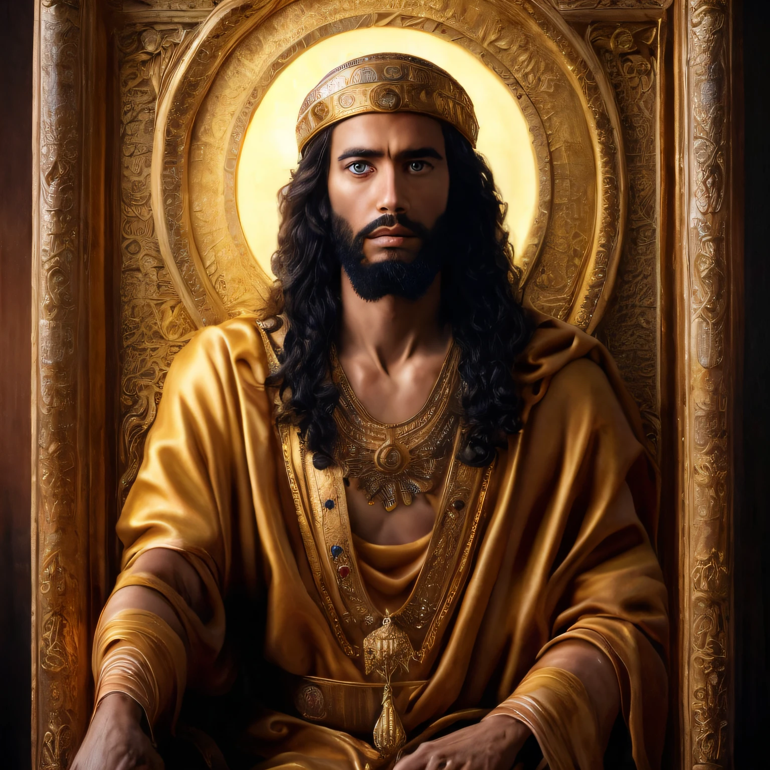 Solomon of the Bible,  ruivo, de belos olhos e de gentil aspecto foto totalmente realista dele mais velho, com detalhes no rosto em 4k sentado em seu trono com muito ouro em volta --auto