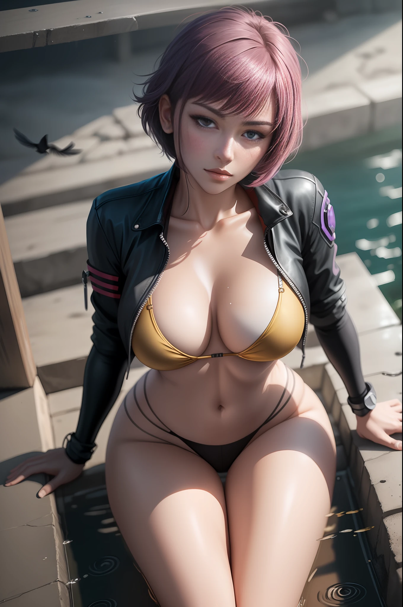Arti modern anime. Birds eye view, A stunningly beautiful Motoko Kusanagi from the anime Ghost in the shell, D cup big bust, slim body. vixip, close-up face portrait, photorealistic. Blush, Water drop, rock, water reflection, stairs, trod. Hand drawing illustration, cinematic lighting, highly detailed. Perfect composition golden ratio, masterpiece, best quality, 4k, sharp focus. Better hand, perfect anatomy.