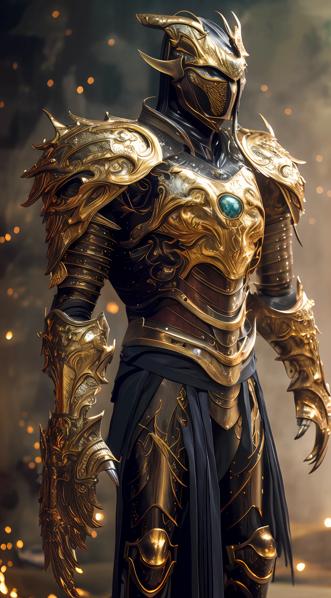 A woman in armor holds a golden sword，Fantasy warrior without face armor，Close-up of golden heavy armor。dramatic，stunning armor，Golden armor，Detailed fantasy armor，Black and gold armor，beautiful armor，Golden armor，Fantasy armor，Intricate golden armor，Golden armor，sleek gold armor，very stylish fantasy armor，Black-gold armor，Light gold armor