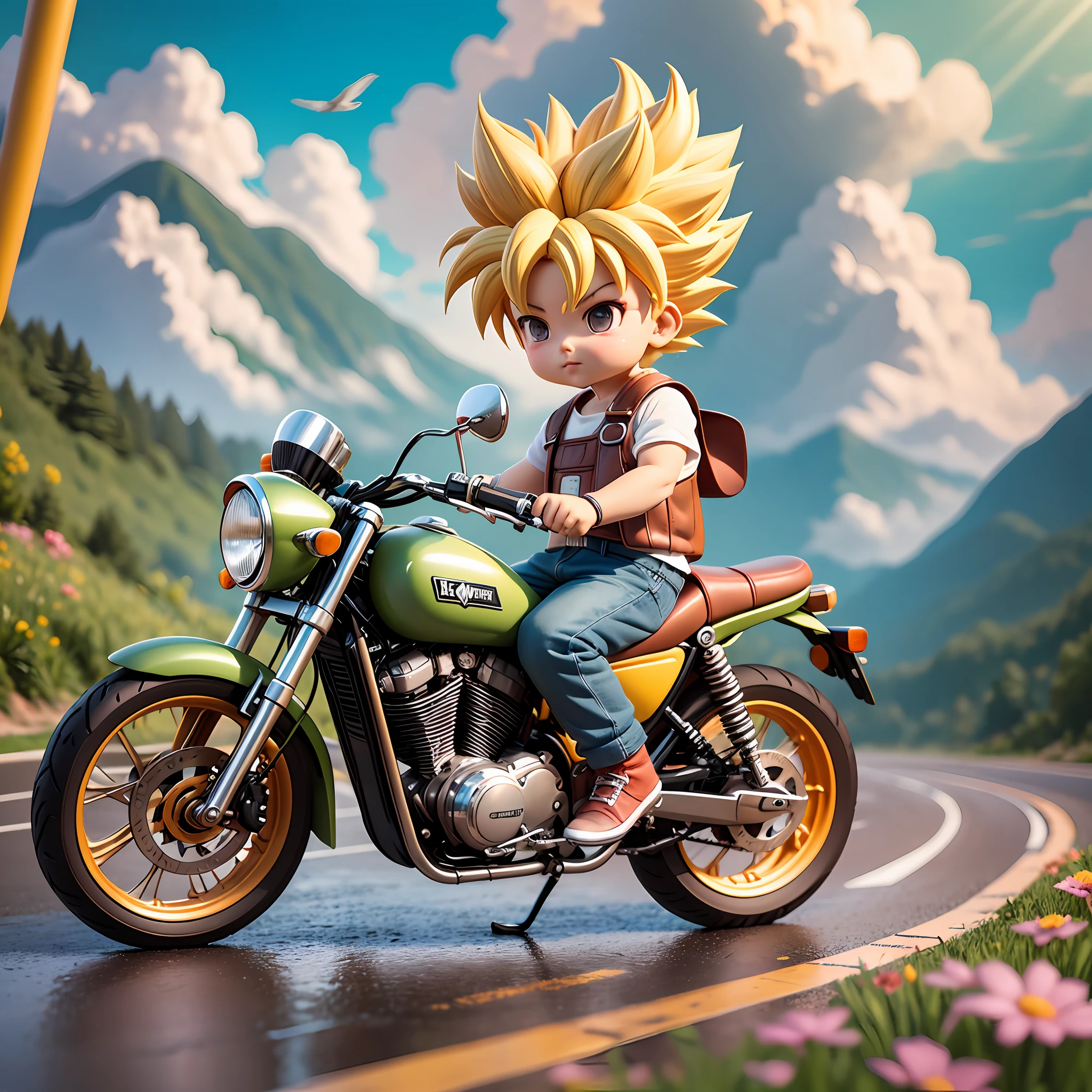 raindrops，Clouds，sunbeam，highway，Little boy on a motorcycle，son goku，super saiyan，Spiked hairstyle，Flowers，Mountain，rivers，bird，Full body，Chibi T-Shi，