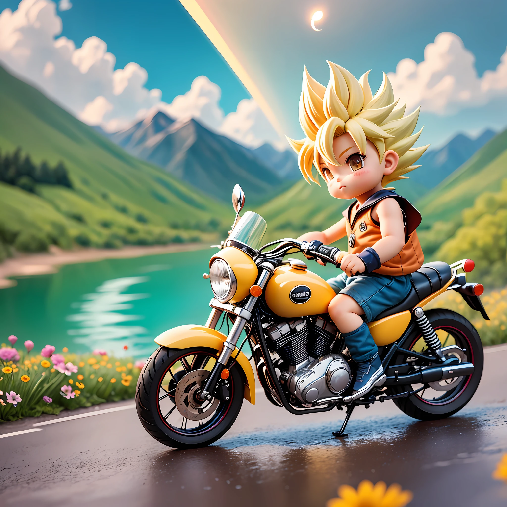 raindrops，Clouds，sunbeam，highway， boy on a motorcycle，son goku，super saiyan，Spiked hairstyle，Flowers，Mountain，rivers，bird，Full body，Chibi T-Shi，