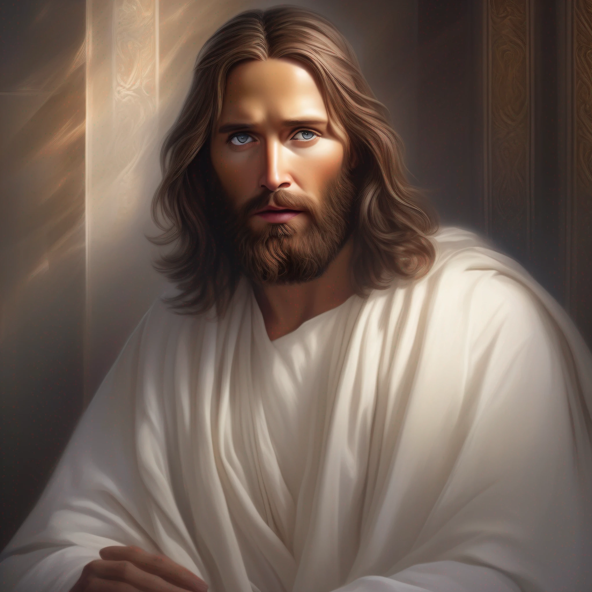 8k portrait of Jesus Christ, with medium beard, (dark brown hair and beard), dressed in white and tonic, intricate, elegant, highly detailed, majestic, digital photography, art by artgerm and ruan jia and greg rutkowski surreal painting (masterpiece, side lighting, beautiful finely detailed eyes: 1.2 ), hdr,