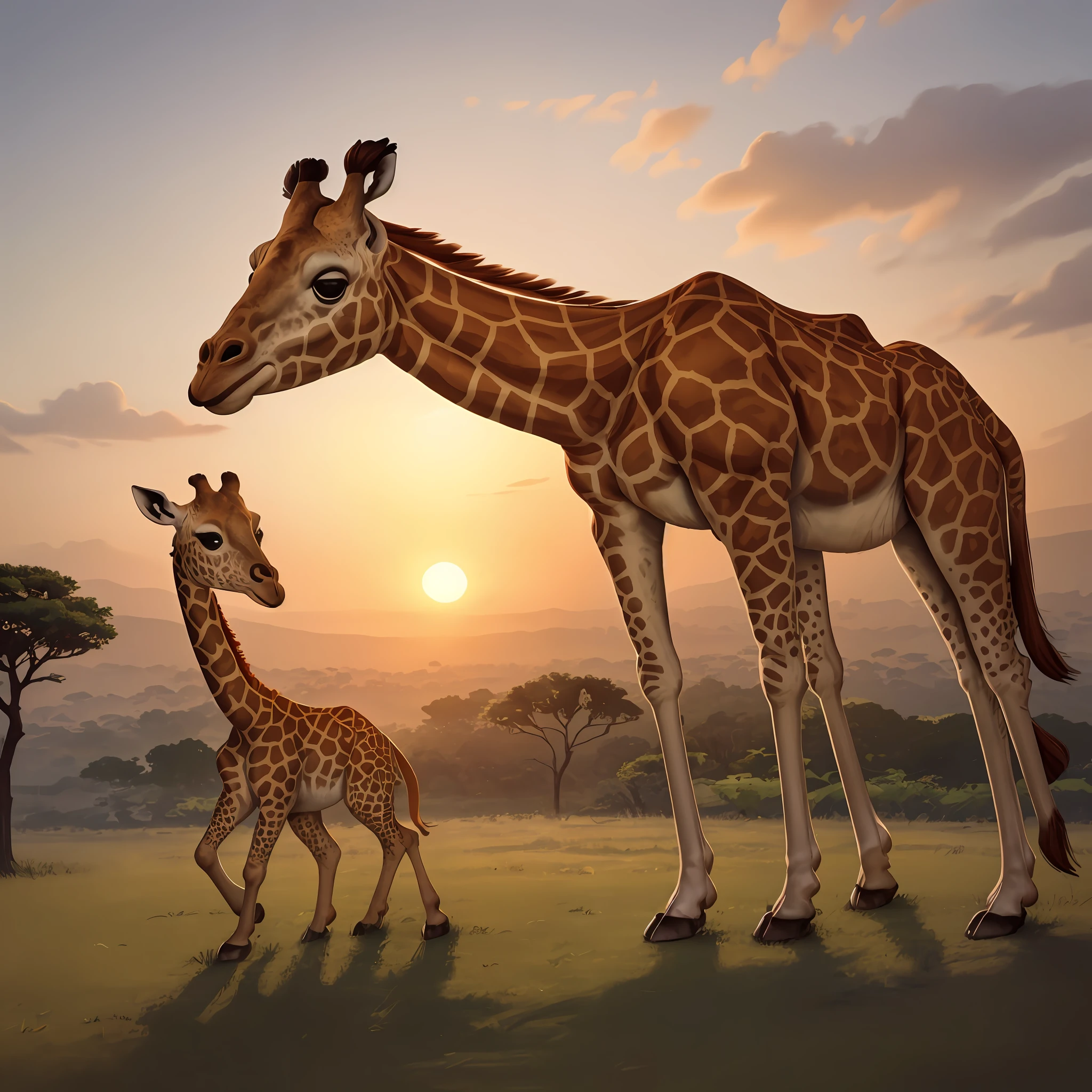 a large-necked giraffe in the African Savanna, with a beautiful sunset in the background, em uma arte linear impressionante, worthy of being on the homepage. The illustration is of the highest quality (x1.2), with perfect cinematic lighting and sharp focus.