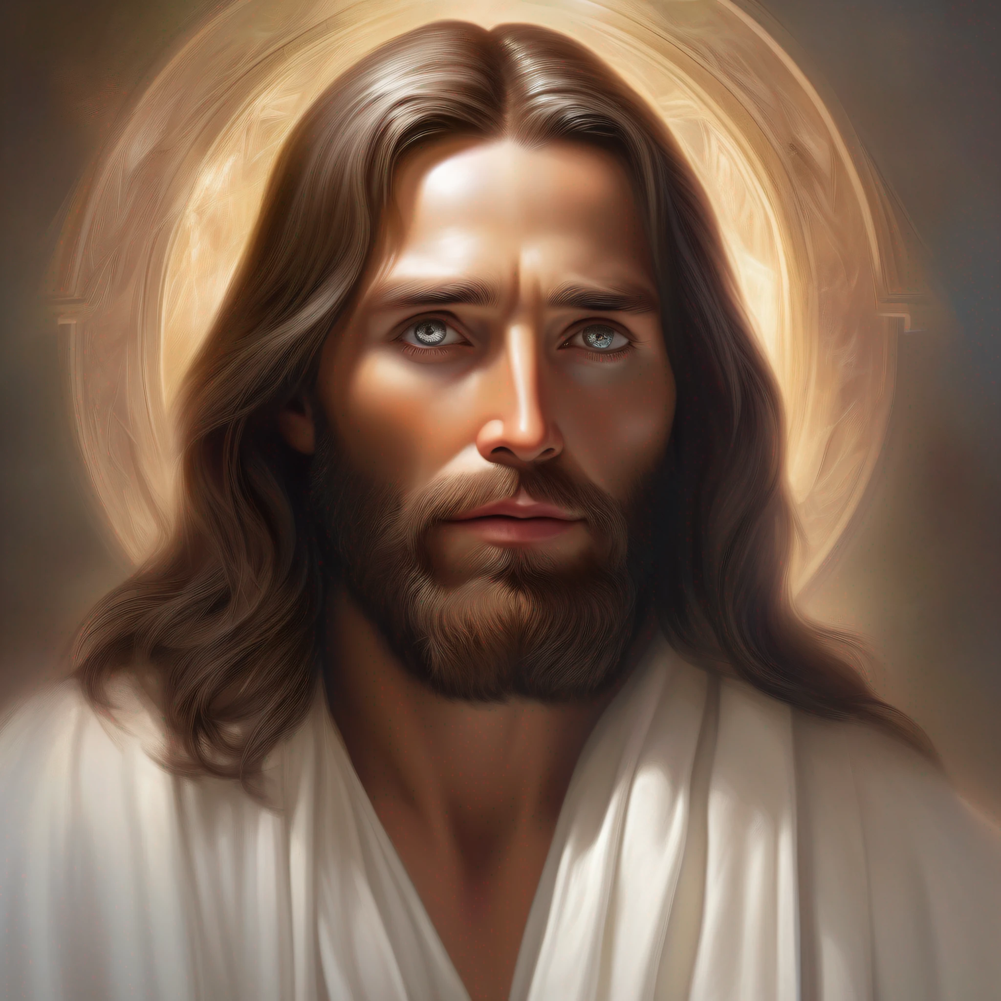 8k portrait of Jesus Christ, with medium beard, (dark brown hair and beard), dressed in white and tonic, intricate, elegant, highly detailed, majestic, digital photography, art by artgerm and ruan jia and greg rutkowski surreal painting (masterpiece, side lighting, beautiful finely detailed eyes: 1.2 ), hdr,