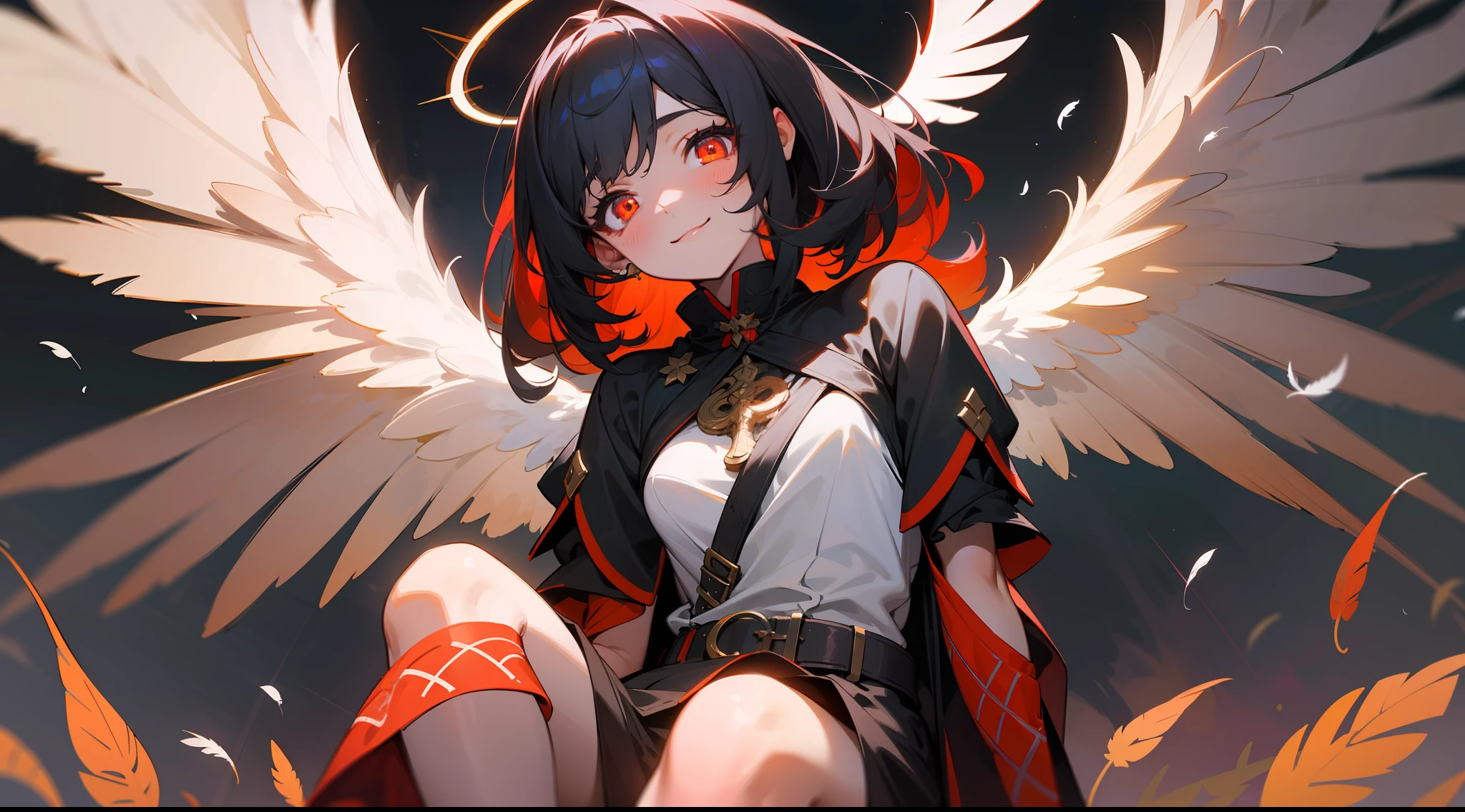 (masterpiece, misteryous), 1girl, angel on knees, cute,(red halo),happy,gorgeos, glowing eyes, red eyes, angel wings, holy, sensual, black tunic, feathers, ruins background, confident, smile, expressive eyes, collofull eyes, contrast, shadows, masterpiece, digital art,majestic, superior