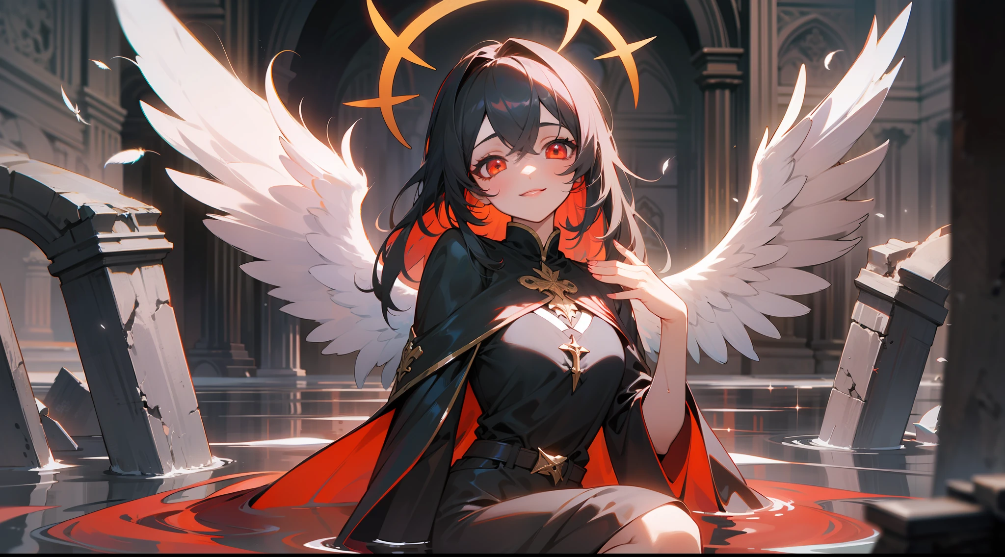 (masterpiece), 1girl, angel on knees, dark water, cute,(red halo),happy,gorgeos, glowing eyes, red eyes, angel wings, holy, black and red water,sensual, black tunic, feathers, ruins background, confident, smile, expressive eyes, collofull eyes, contrast, shadows, masterpiece, digital art,majestic, superior