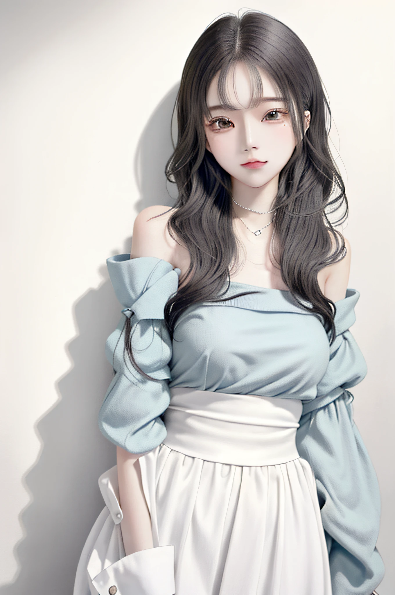 half body photo, ((傑作)), ((Ultra-detail)), pixiv, Best Shadows, Best lighting, Top best Quality, the anime、big, beautiful eyes、Looking at the camera、Clean skin、forehead、Bibi-chan、Jeni in Blackpink、cinematic shot, 1girl, solo, forehead, portrate, slong hair,Black hair, Wavy hair, looking the viewer, White blouse, chubby lips, Balloon Sleeve Shirt, Innocent, smile、 pale skin, Color Aberration, Simple background