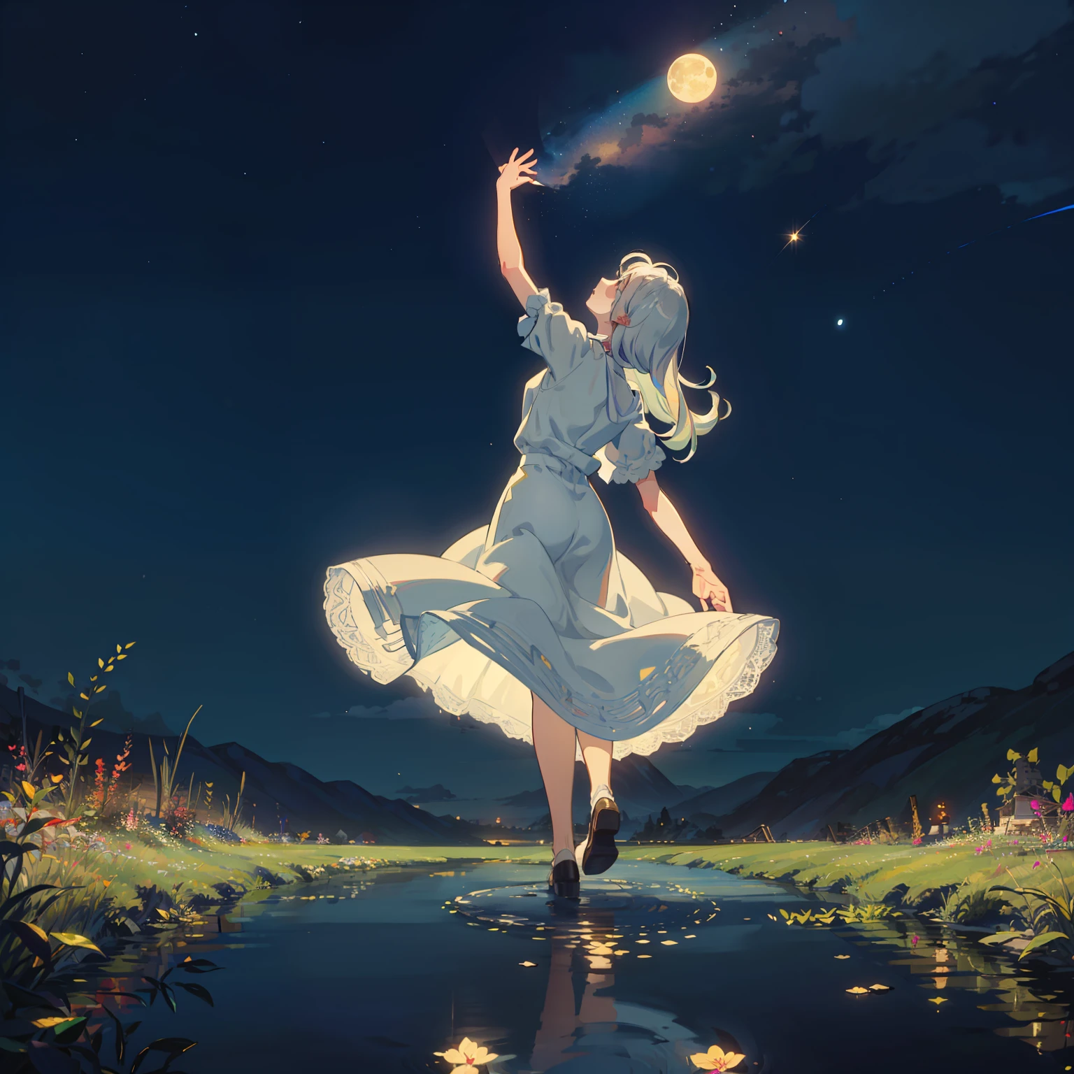 Open landscape , Landscape , Panoramic shot , (Looking up and down) , Girl in flower garden looking up , (Full moon: 1. 2) , (Shooting star: 0. 9) , (Nebula: 1. 3) , Starry sky , White flower garden , Shining flower garden , Fantastic flower garden , Trees , (Warm light source: 1. 2), (Firefly: 1. 2), lamp 3), Starry sky, White flower garden, (Warm Light Source: 1. 2), (Firefly: 1. 2), Lamp, Orange and Blue fine detail, (Masterpiece: 1. 2), (Top Quality), 4k, Ultra-fine detail, (Dynamic Composite: 1. 2), (Top Quality), Lamp, Orange and Blue voluminous lighting Main Fine Detail BREAK ((Masterpiece: 1.2), (Top Quality), 4k, Ultra Fine Detail, (Dynamic Composition: 1.4), Very Fine Detail, Colorful Detail, (Iridescent: 1. 2), (Luminous Lighting, Ambient Lighting), Dreamlike ( Ambient Lighting), Dreamlike, Fantastic, (Solo: 1.2), Glitter, Glitter, Petals Dancing, Light Dancing, White Hair, Beautiful Hair, Long Hair, Hair Dancing, Back View, Puddle, Soap Bubble, Pose, Long Skirt, Solid White Dress, Lace Short Sleeved Dress