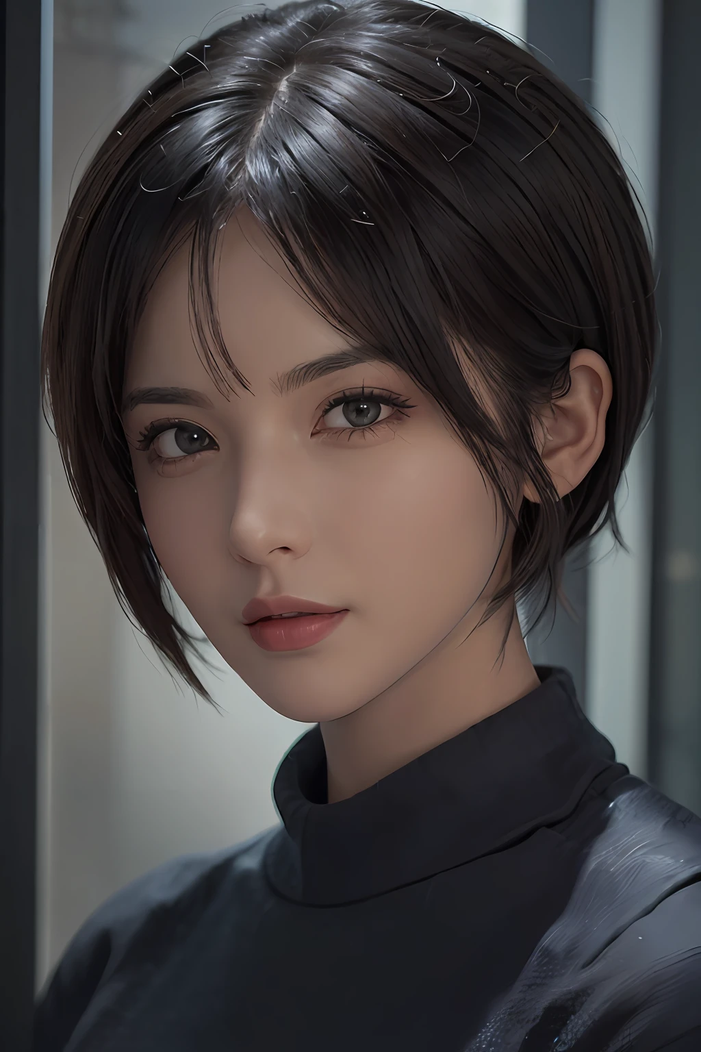 (masterpiece:1.3), (8k, photorealistic, RAW photo, best quality: 1.4), (1girl), beautiful face, (realistic face), (black hair, short hair:1.3), beautiful hairstyle, realistic eyes, beautiful detailed eyes, (realistic skin), beautiful skin, (sweater), absurdres, attractive, ultra high res, ultra realistic, highly detailed, golden ratio