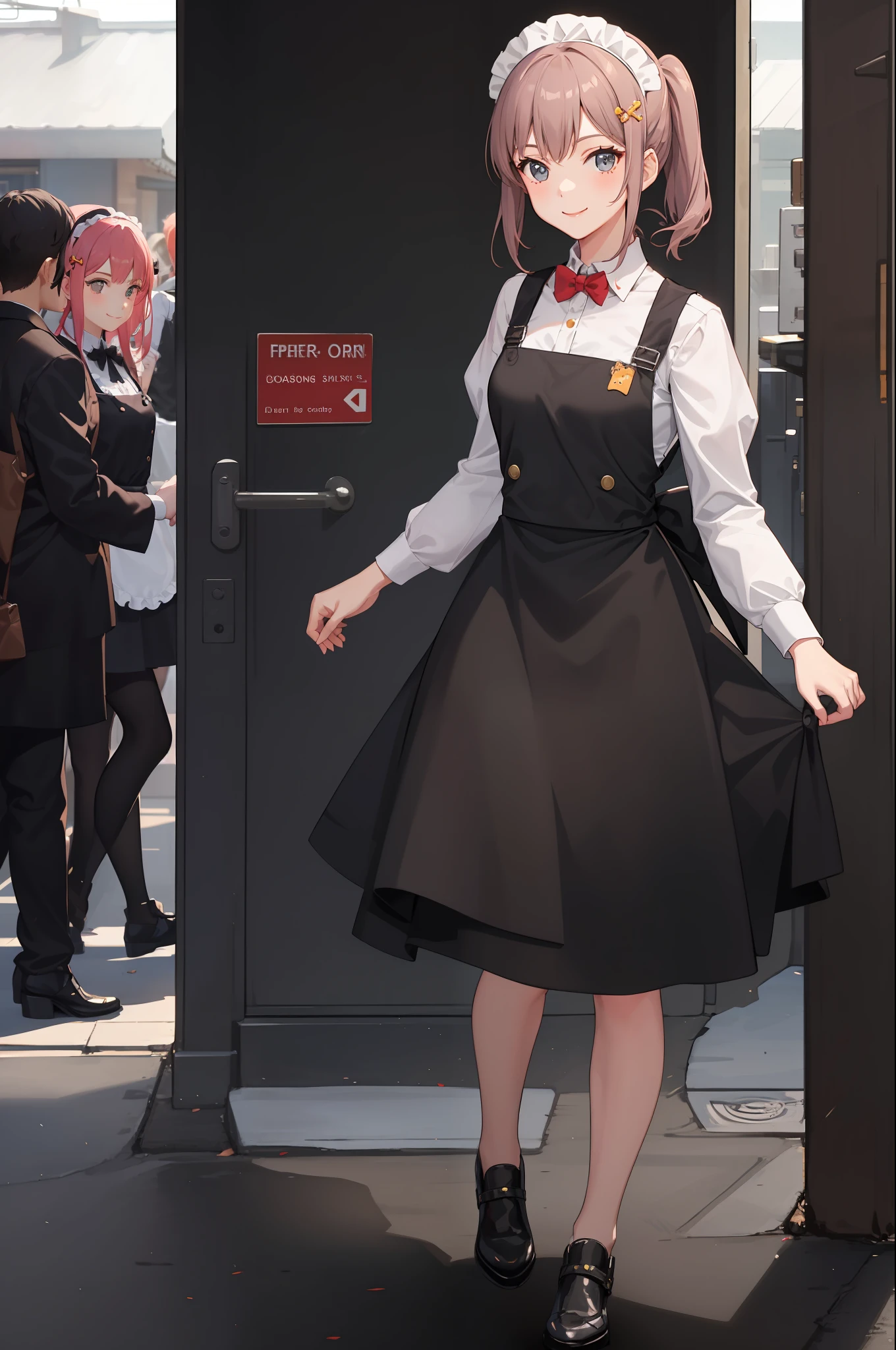 1 girl, smiling, skirt, (small) chillerism, dress, apron,,,,,,、 maid,,,,,,,,、 hair ornament, running briskly,