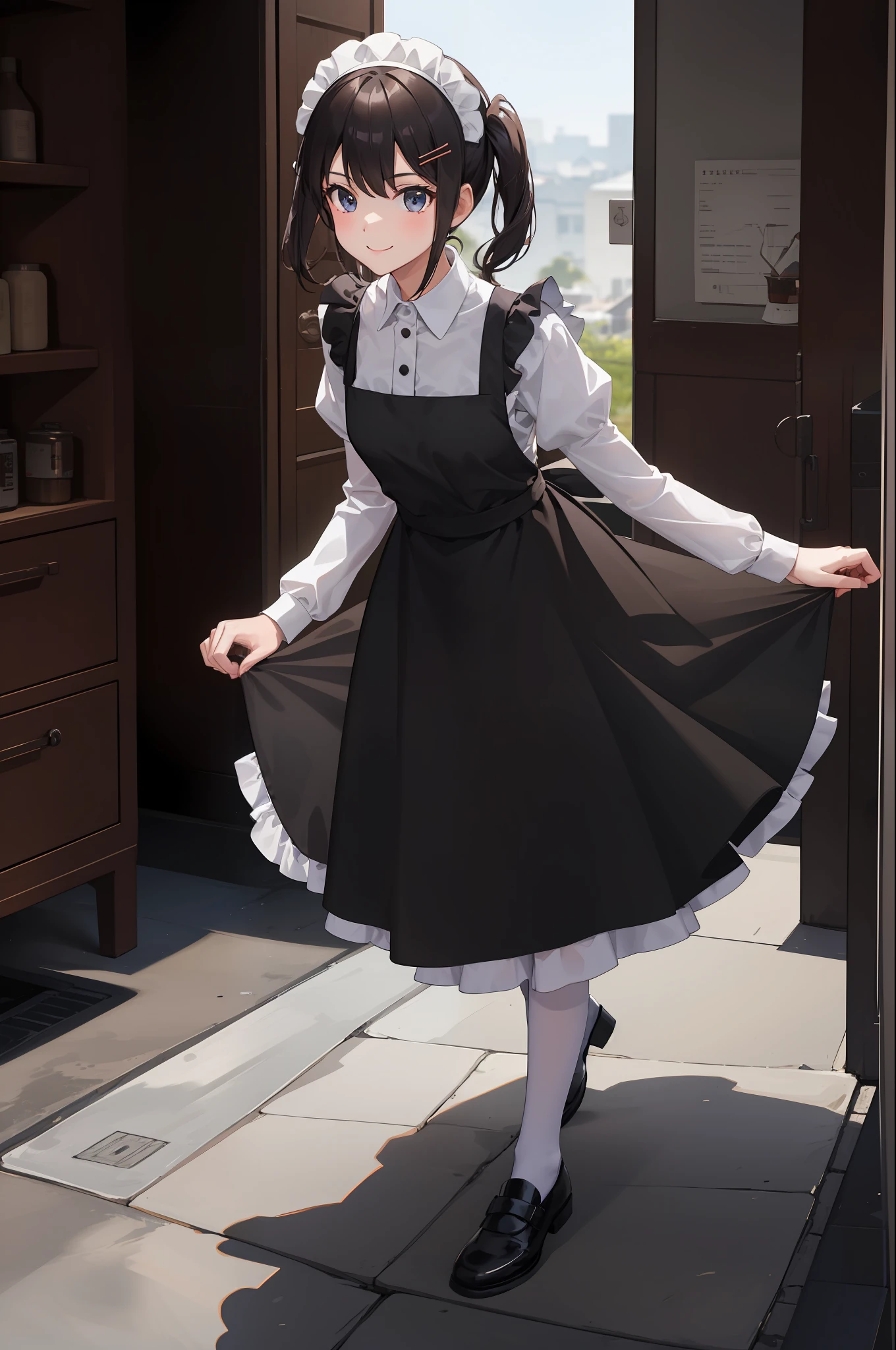 1 girl, smiling, skirt, (small) chillerism, dress, apron,,,,,,、 maid,,,,,,,,、 hair ornament, running briskly,