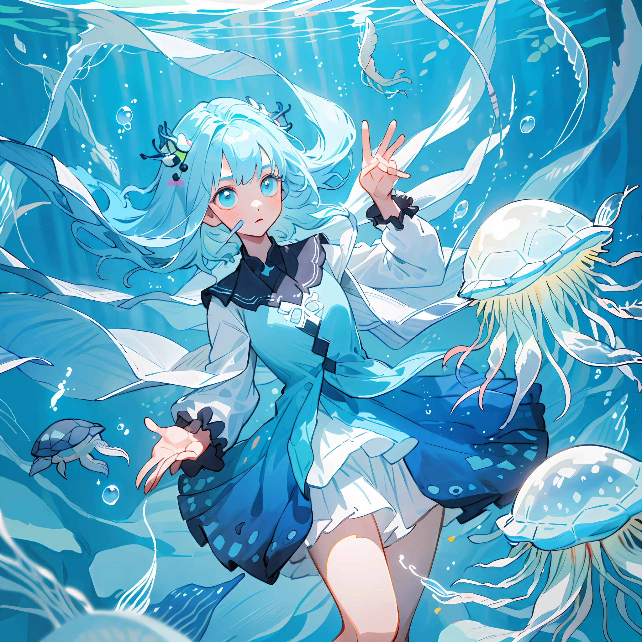 ((masterpiece,best quality)),(negative space:1.2),(1girl, solo:1.4),beautiful detailed eyes,floating hair, underwater, bubble, fish, (jellyfish), fluorescence,sea turtle, seaweed,