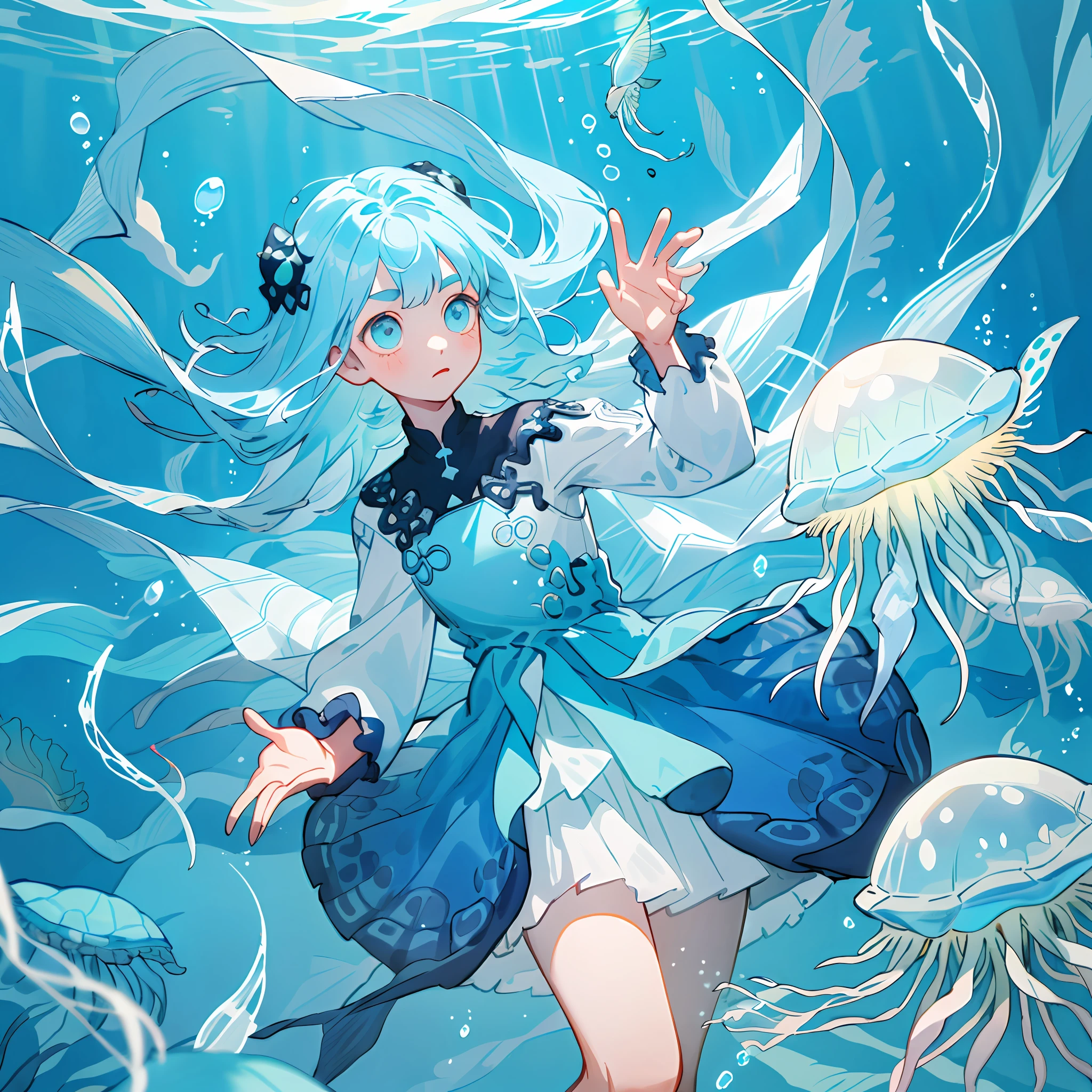 ((masterpiece,best quality)),(negative space:1.2),(1girl, solo:1.4),beautiful detailed eyes,floating hair, underwater, bubble, fish, (jellyfish), fluorescence,sea turtle, seaweed,