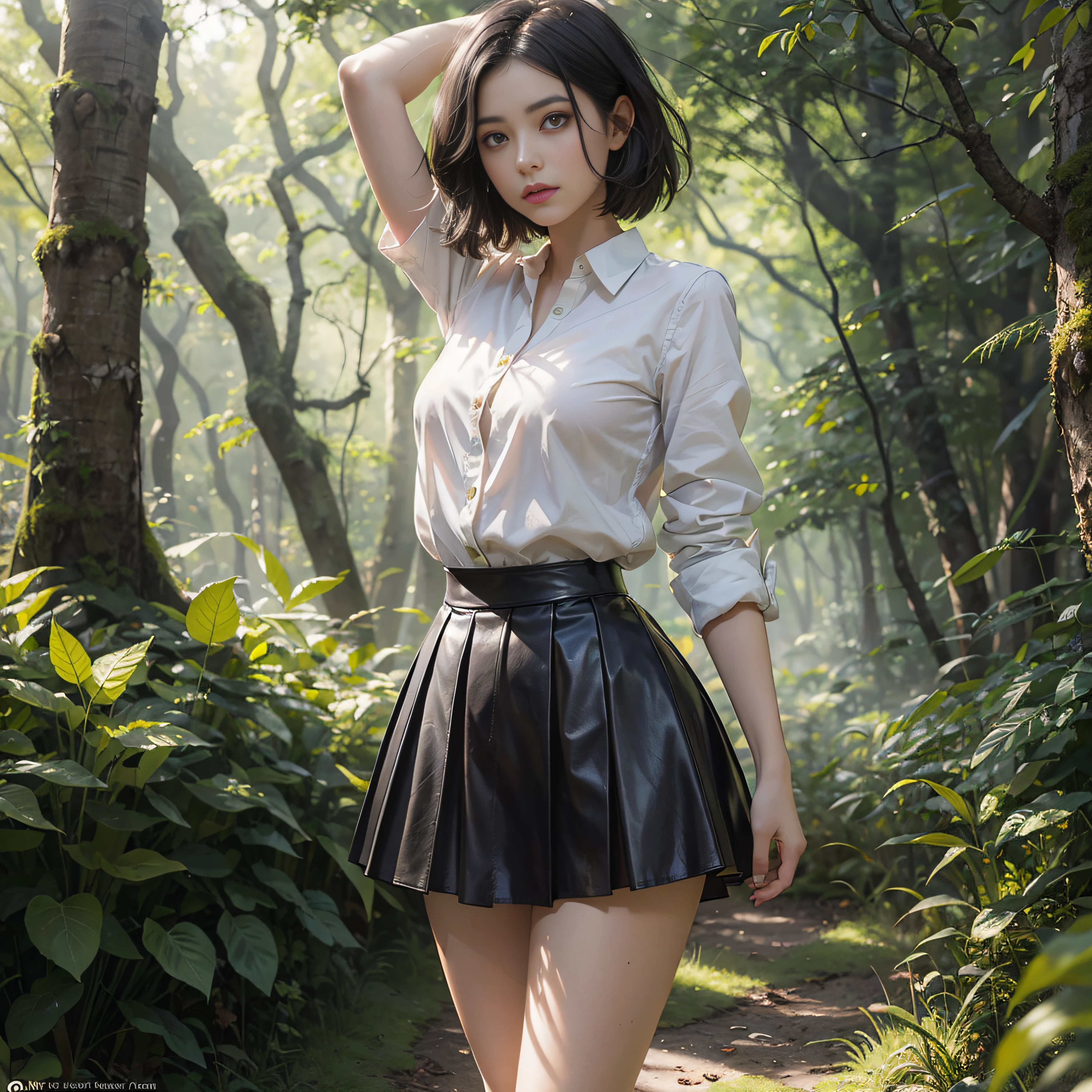 A beautiful girl with short black hair and purple eyes stands in the middle of a lush forest. The golden light of the sun pierces the treetops, creando un juego de sombras y destellos que iluminan su figura. She wears a short leather skirt with pleats that highlights her bold and energetic personality.