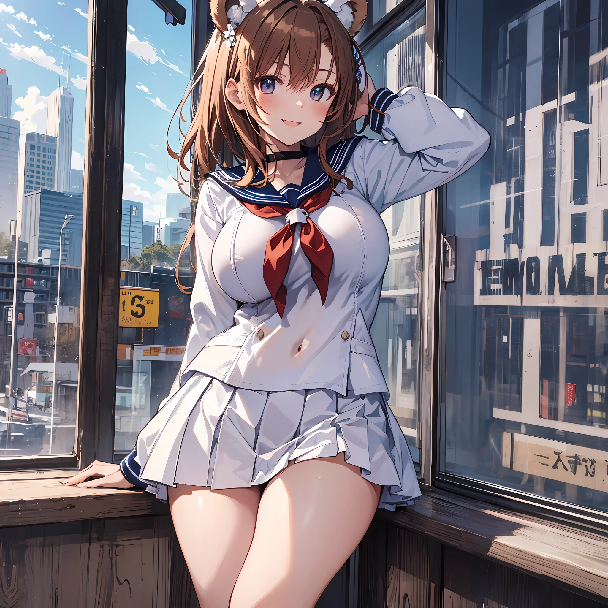 maximum quality A high school girl Bear ears schools Transparency beautifulgirl random posing Misaka Mikoto gigantic tits White sailor suit Navy blue miniskirt White loose socks Beautiful skin Sorrisos brownd hair