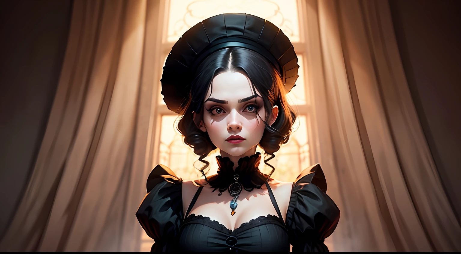 Make a high quality image of Wandinha Addams, com vestido preto, gothic style, de corpo inteiro --auto