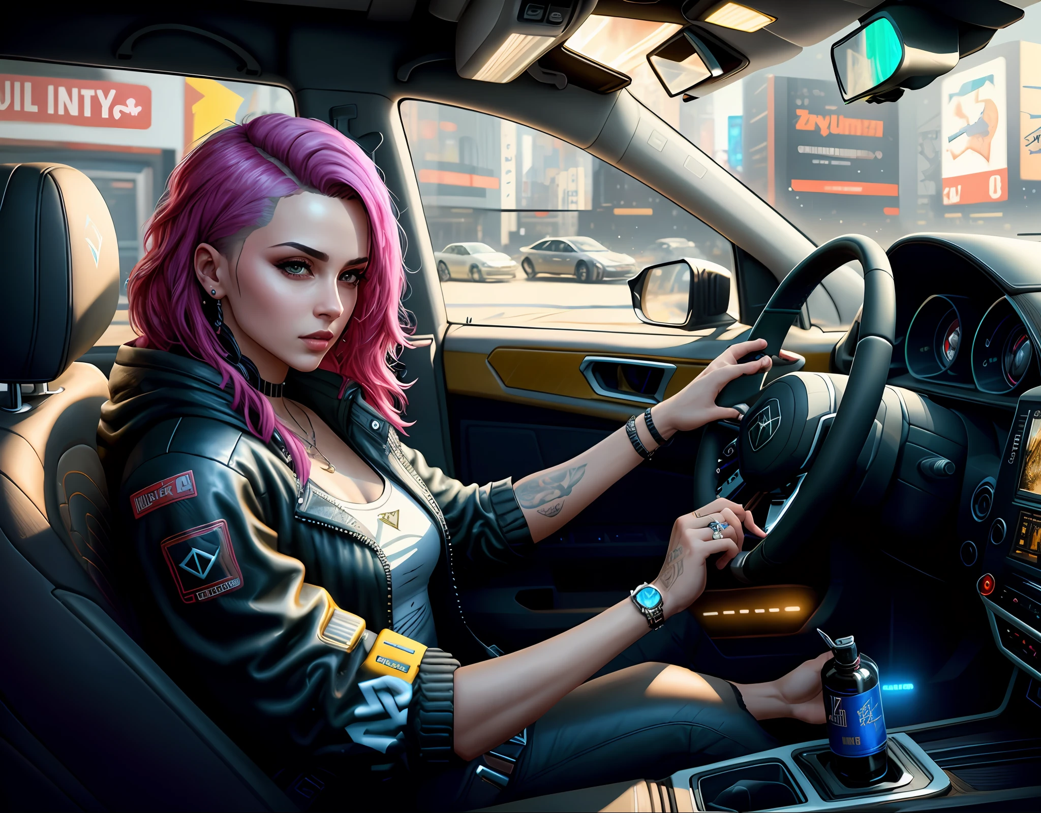 man driving inside futuristic vehicle cyberpunk 2077 style, hyper-realistic, intricate, elegant, highly detailed, modelshoot style, (extremely detailed CG unity 8k wallpaper), professional majestic oil painting trending on ArtStation, trending on CGSociety, Intricate, High Detail, Sharp focus, dramatic