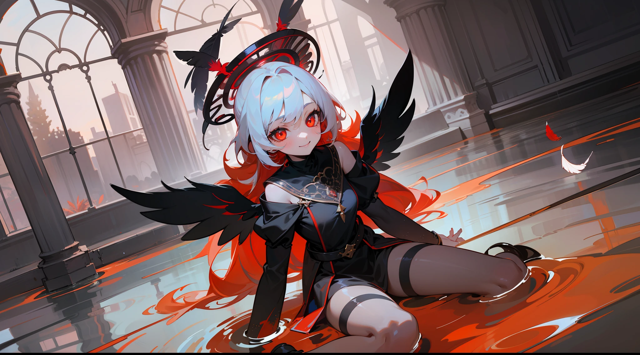 1girl, angel sitting, dark water, cute,(red halo),happy,gorgeos, glowing eyes, red eyes, angel wings, holy, black and red water,sensual, black tunic, feathers, ruins background, confident, smile, expressive eyes, collofull eyes, contrast, shadows, masterpiece, digital art,majestic, superior
