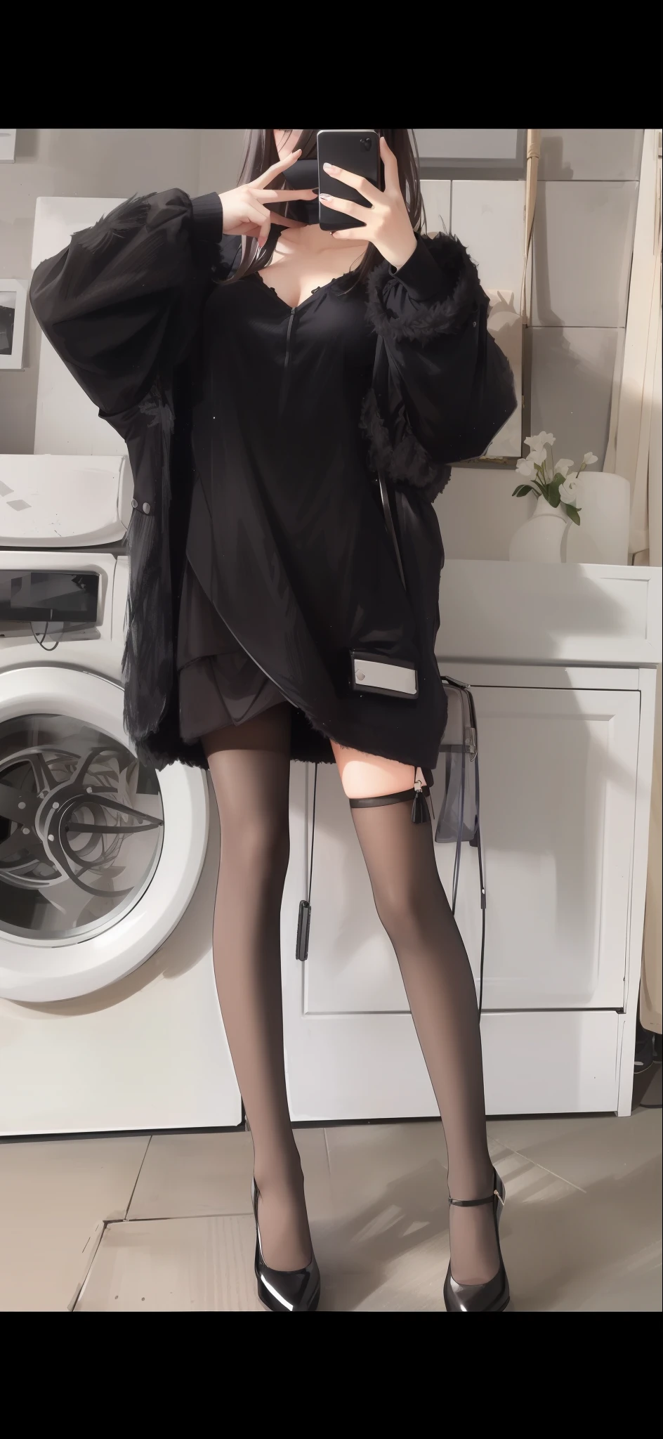 araffe wearing a black coat and black heels taking a selfie, furry legs, Long legs, full legs, furry legs, juicy legs, long thin legs, fur covered legs, legs visible, 155 cm tall, 165 cm tall, Legs, thighhighs and skirt, she is wearing a black dress, nice legs, mini-skirt