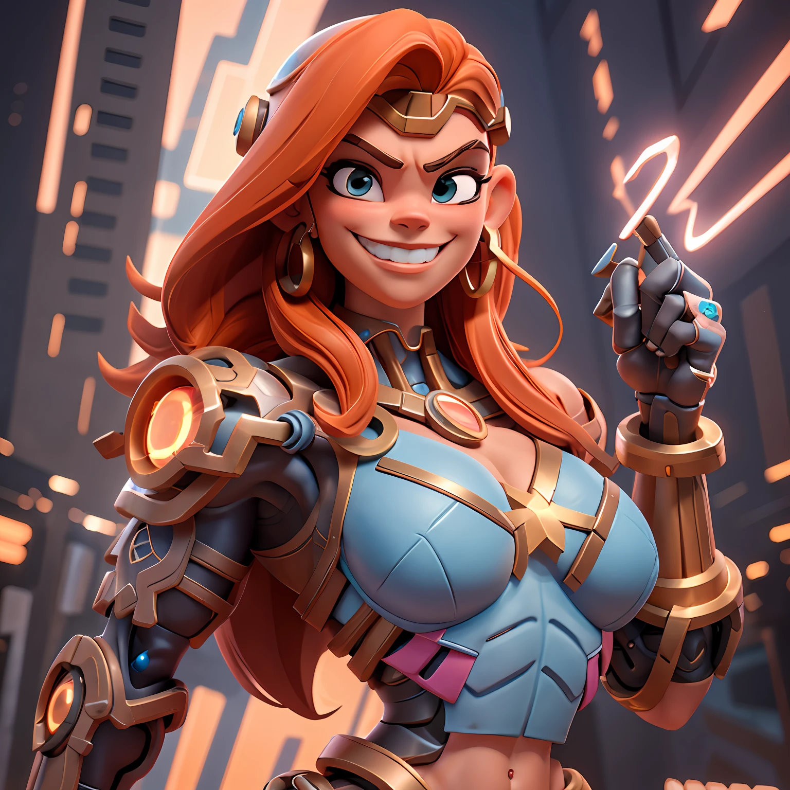 cyborg superheroine, ginger, corpo musculoso voluptuoso, tiras de metal, anatomia correta, small smile