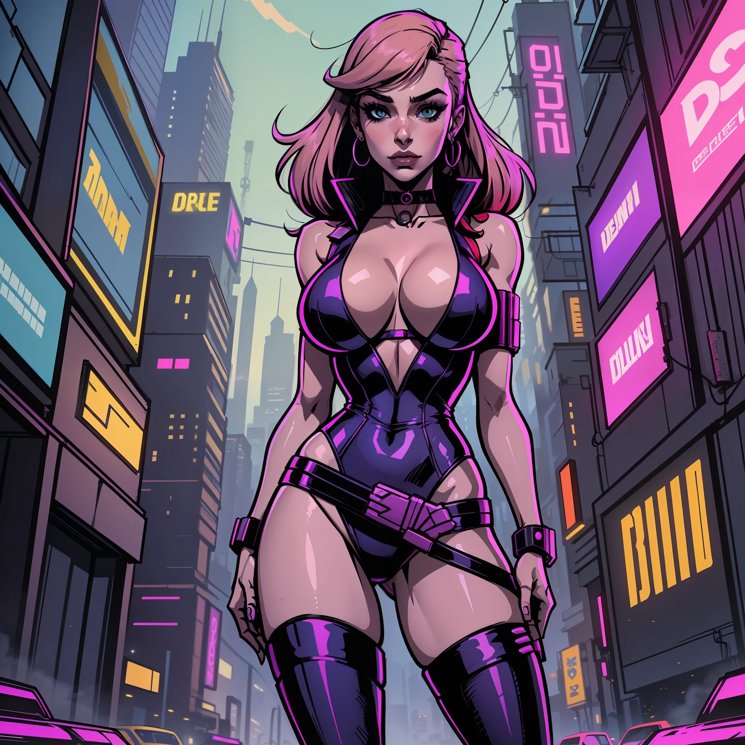 (obra-prima:1.3), (melhor qualidade), mulher, Daphne Blake, roupa cyberpunk, cidade cyberpunk