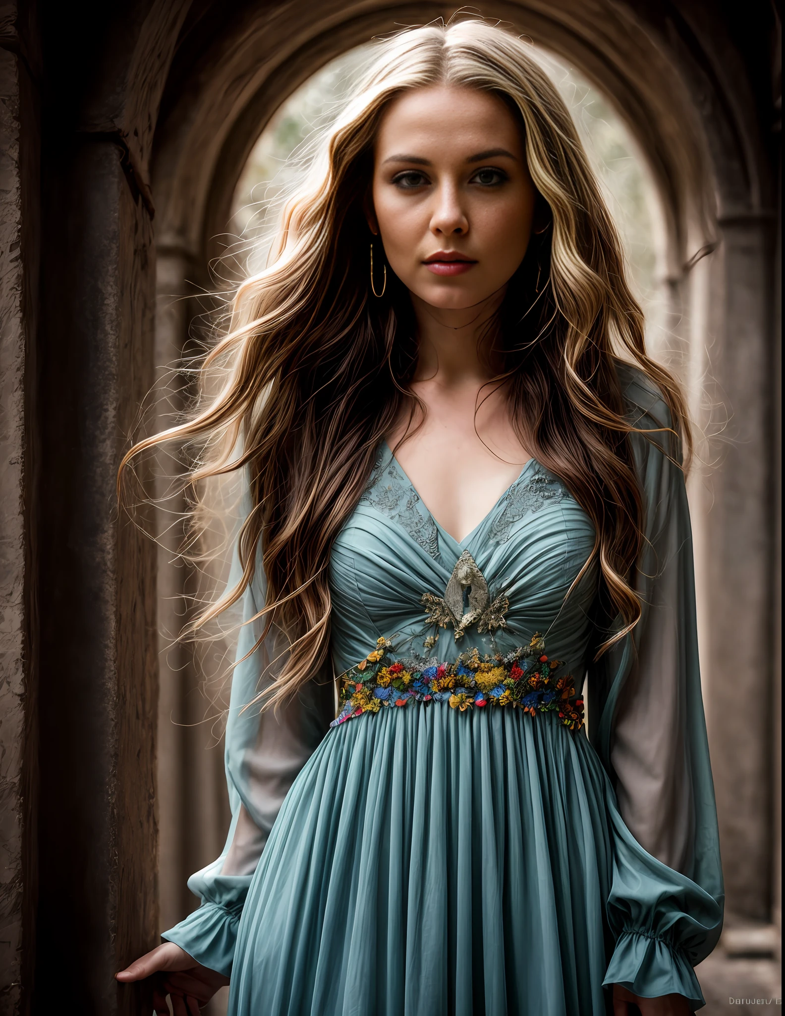 Immerse yourself in the colourful world of detail , of an Elven Woman in a colorful suit, in the style of goblincore, expressive facial animation, neo-concrete art, dariusz klimczak, carlo crivelli, edward gorey, detailed and macabre. Looking directly into the camera, very long wavy blonde hair, aquamarine eyes, , long off-white dress, landscape photography by marc adamus, Long exposure photography dramatic lighting, spring , Photographed by David bailey using Hasselblad’s flagship mirrorless medium format camera X2D 100C. 1000mps ,bold vibrant colours
