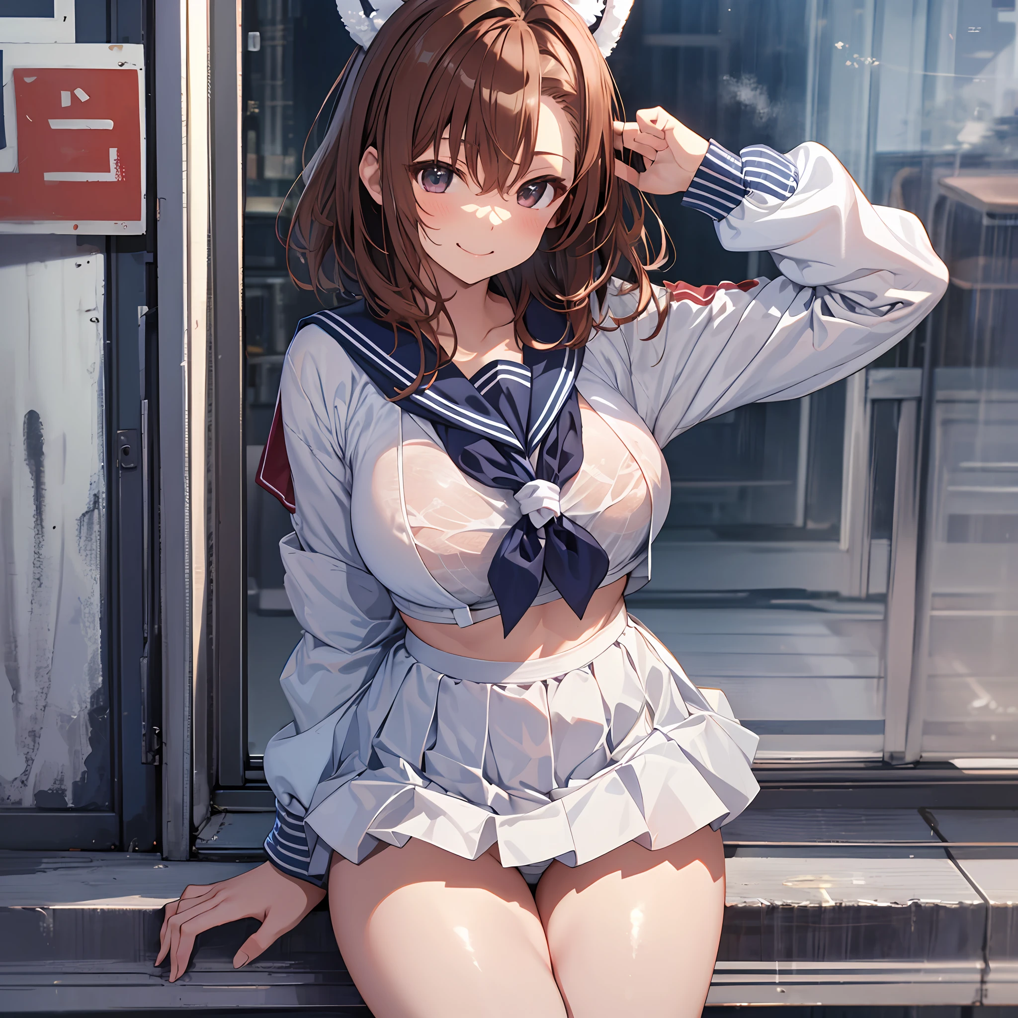 hig quality　A high school girl　Bear ears　schools　transparency　beautifulgirl　　random posing　Misaka Mikoto　　giant boobs　White sailor suit　　Navy blue miniskirt　White loose socks　　Beautiful skin　Sorrisos　brownd hair