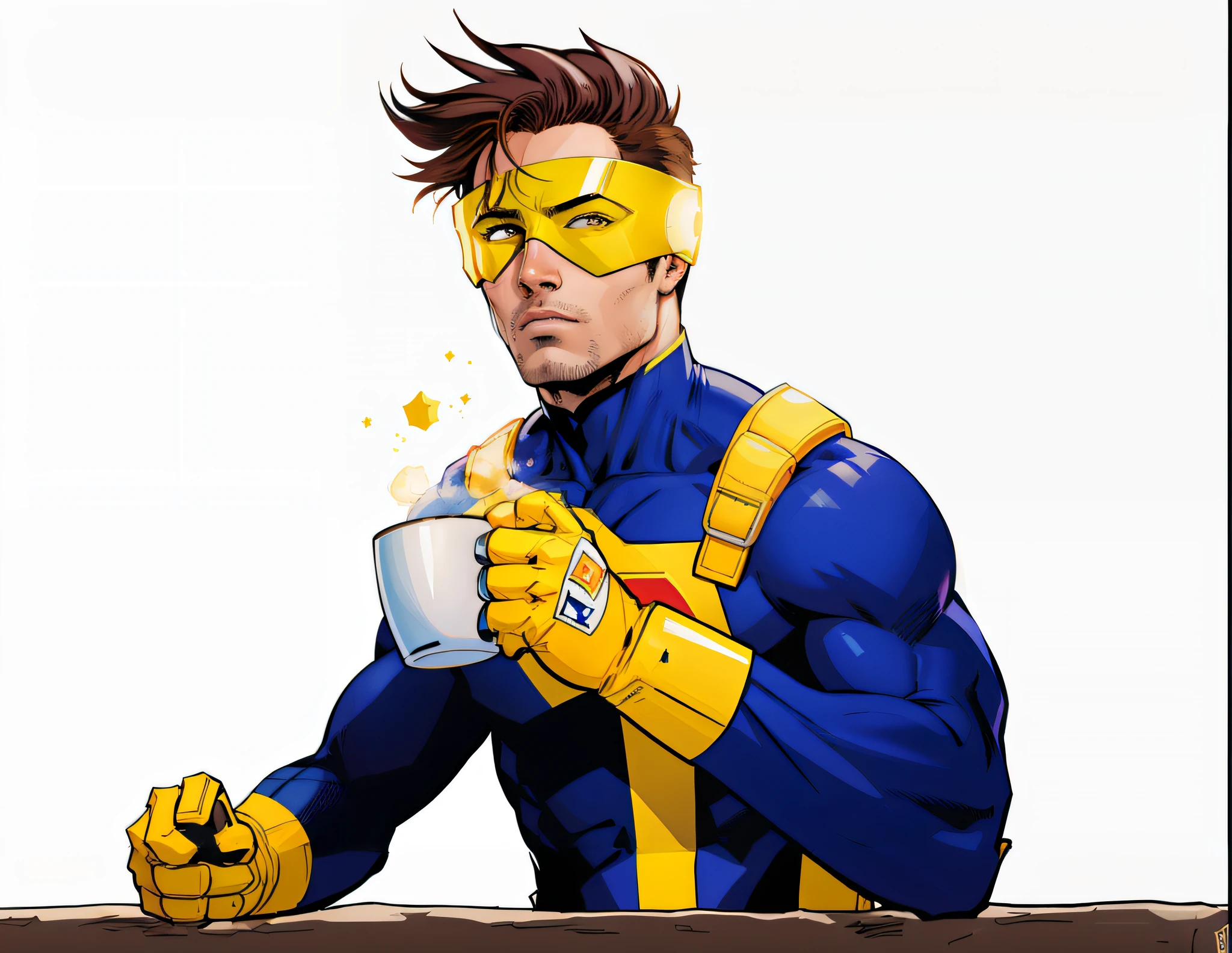 arafed man in a yellow and blue outfit holding a cup of coffee, cabelo castanho com topete aarrepiado, sentando na cama ciclope, Design de personagens de quadrinhos dos anos 90, john romita senior, personagem de quadrinhos, Foto do perfil, comic character, Traje amarelo do X-Man, hero, inspirado em John Romita Jr, sem texto, Terno X-Man, fan art, john romita junior