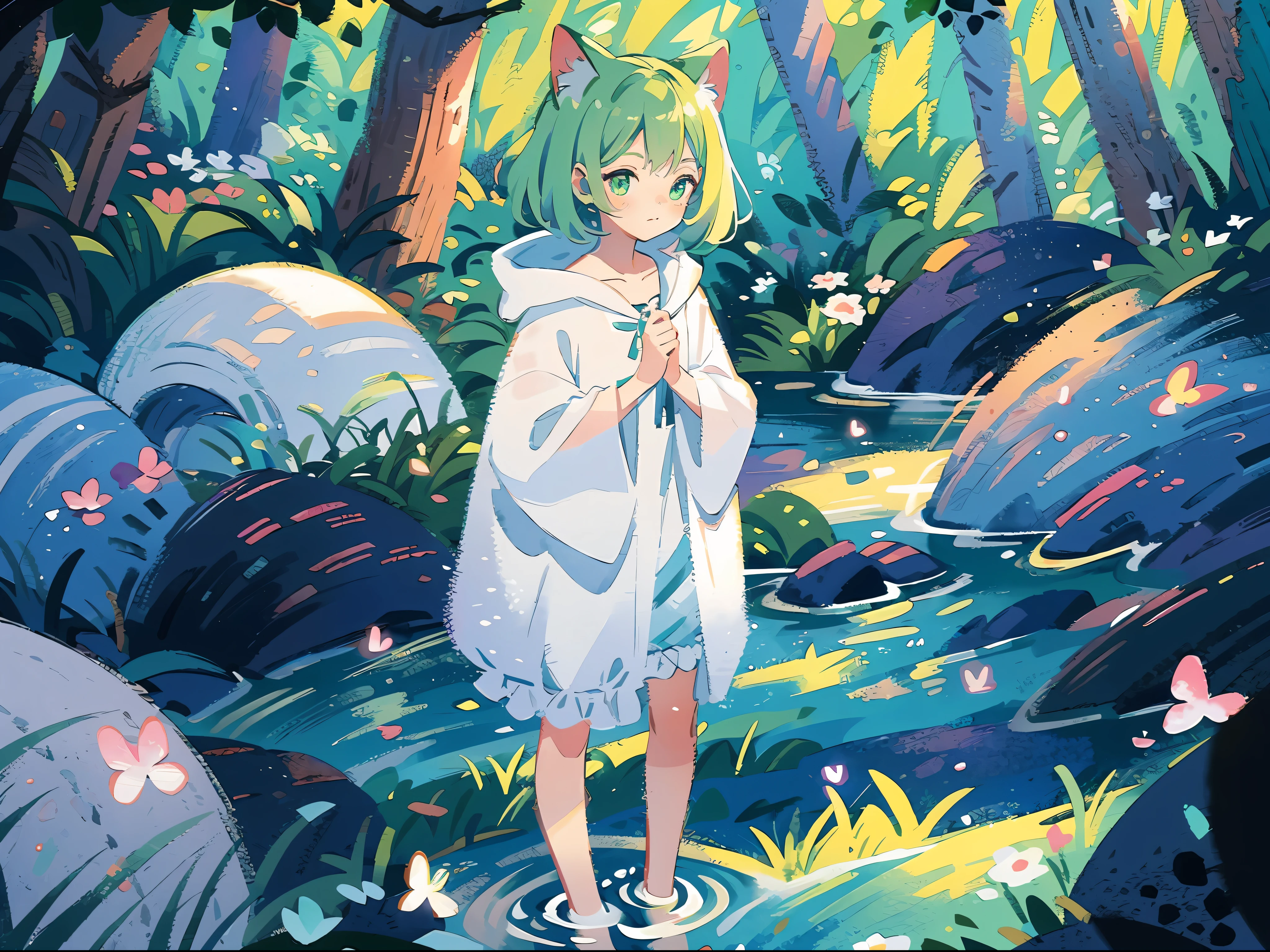 (highest quality), (masterpiece: 1.2), (colorful: 0.9), (ink splash)), (color splashing), (watercolor)))), clear focus, model shot, full body,
(Summer Portrait Goddess: 1.5), cute look, cat ears, elegant green hair, beautiful detailed face and eyes, elegant goddess clothes, ((summer forest background)),
Colored Water, Forest