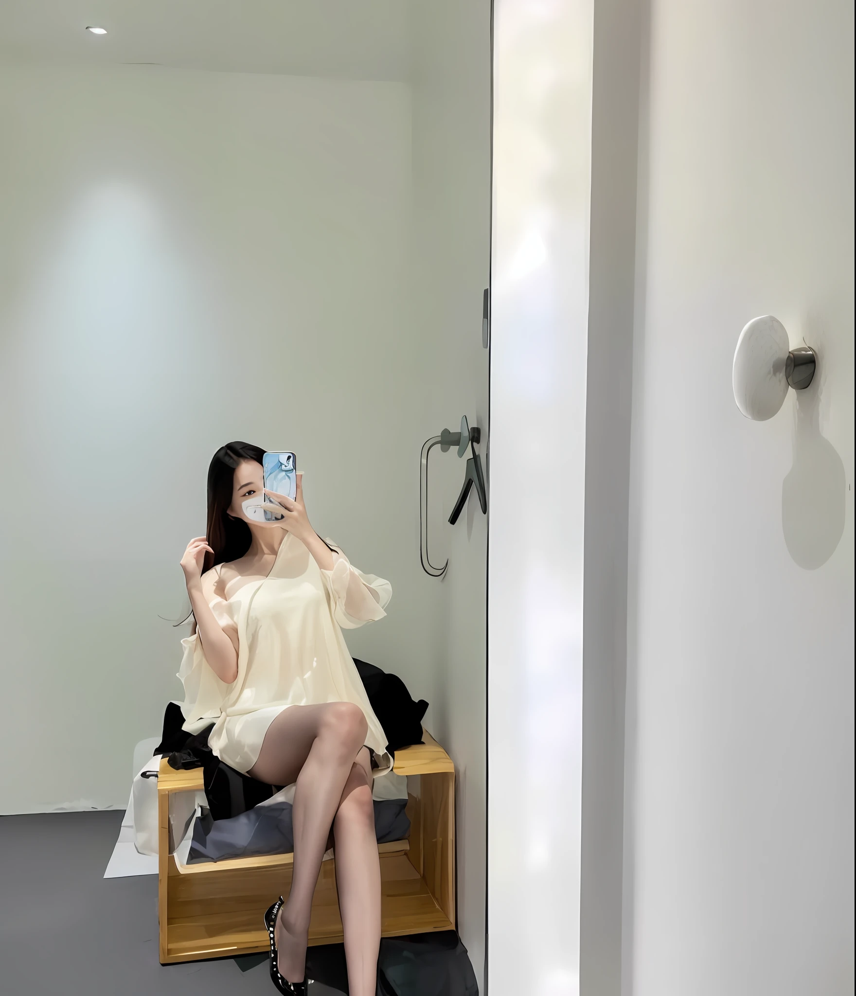 there is a woman sitting on a bench taking a picture of herself, soft silk dress, light half opened dress, 8k selfie photograph, gorgeous chinese model, 🤬 🤮 💕 🎀, smooth white tight clothes suit, photoshoot, high quality material bssrdf, translucent silky dress, White Hanfu, pale milky white porcelain skin, wearing white silk robe