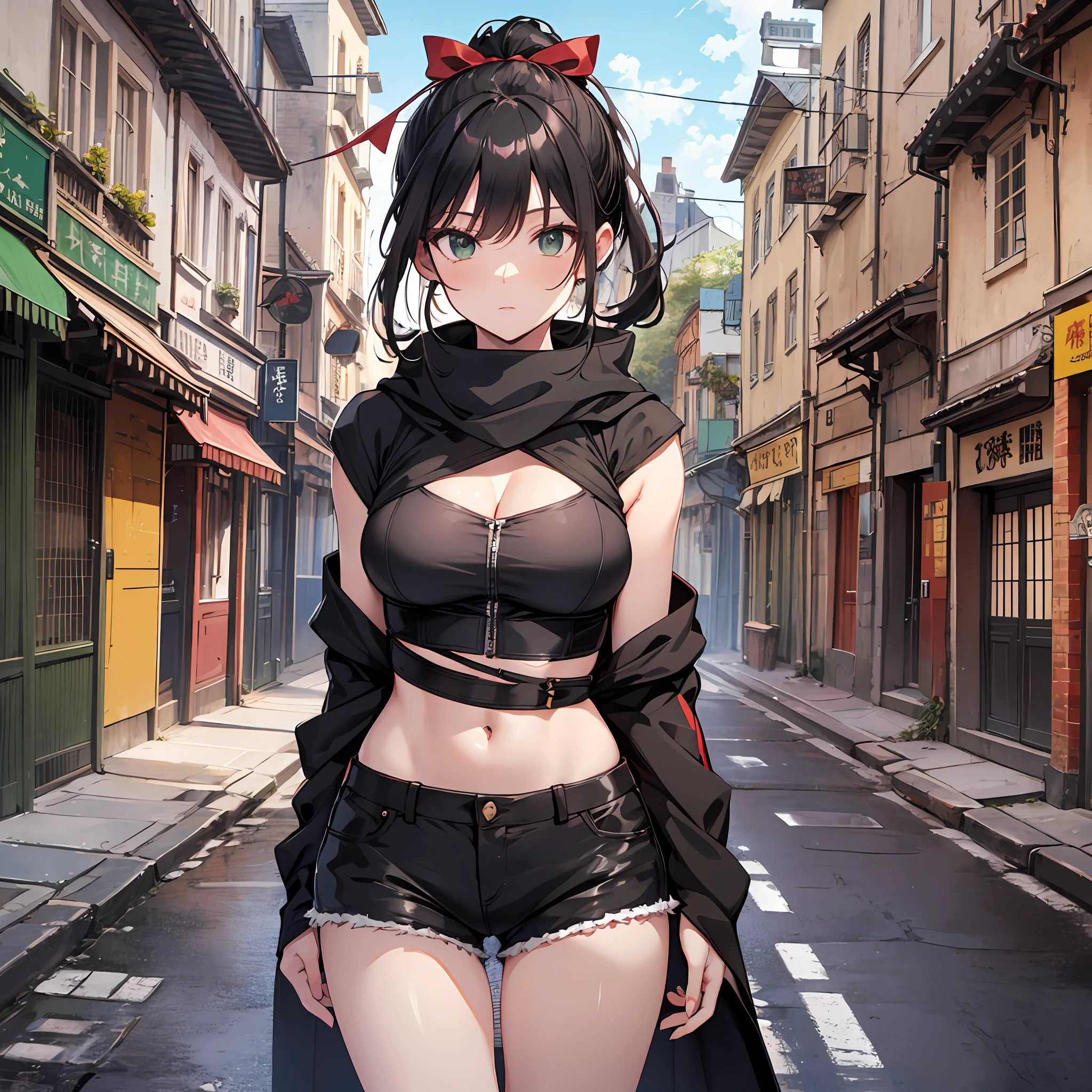 maximum quality　　Chinon　a ninja　A sexy　ponytails　Kunoichi　slender and neat legs　Beautiful abs　Super slender　little breasts　Cool face　small tits　１５Age　Dark hair　Green Ribbon　random posing　Old townscape　Wearing a black cloak　Frugal beige shorts　Black camisole