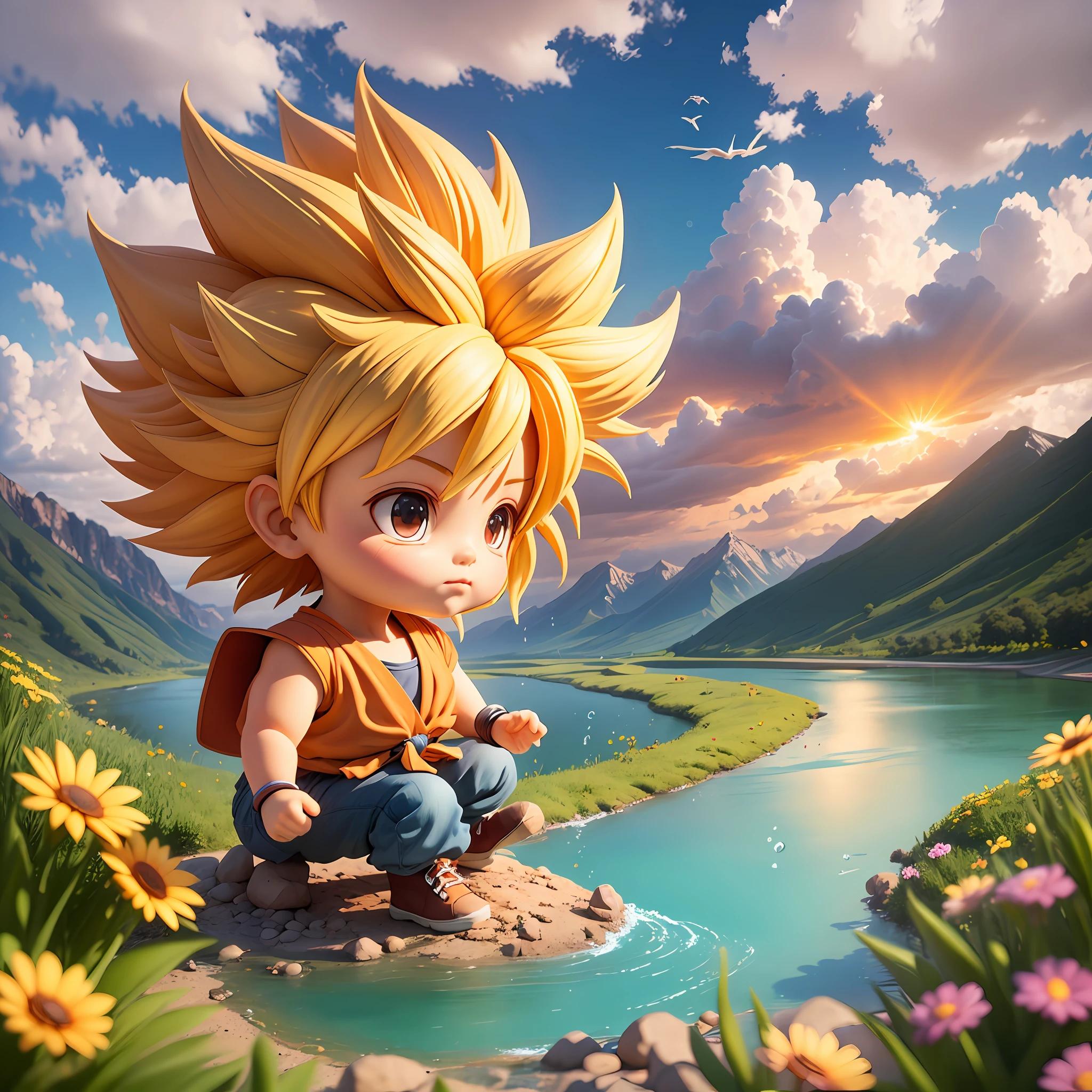 raindrops，Clouds，sunbeam，highway， boy driving a car，son goku，super saiyan，Spiked hairstyle，Flowers，Mountain，rivers，bird，Entire body，chibi