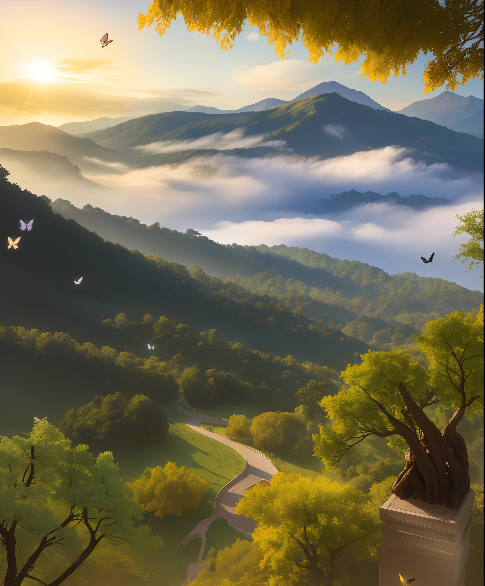 The dawn is coming,The sky is slightly glow,
Golden sunlight,Through the clouds,
Spilled on the earth。
Birds chirp on the branches,
Butterflies flutter among the flowers,
All things awaken,Comes alive,
The mountains are undulating,Tree-lined,
Mountains,Surrounded by villages,
A fresh breeze,Silky soft,
It's heart-warming,Feel good both physically and mentally,best qualit,(A Masterpiece),of a real,8k,