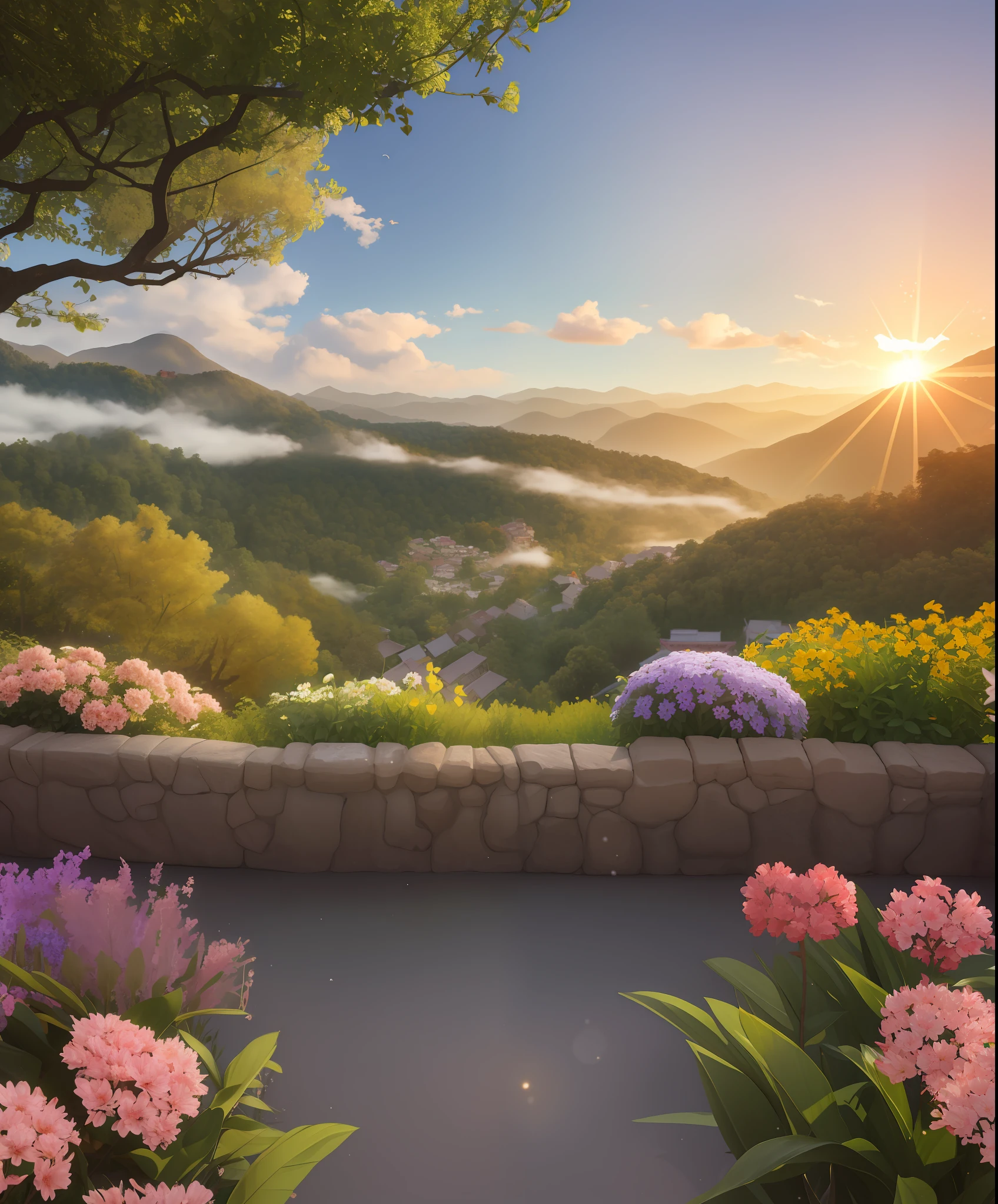 The dawn is coming,The sky is slightly glow,
Golden sunlight,Through the clouds,
Spilled on the earth。
Birds chirp on the branches,
Butterflies flutter among the flowers,
All things awaken,Comes alive,
The mountains are undulating,Tree-lined,
Mountains,Surrounded by villages,
A fresh breeze,Silky soft,
It's heart-warming,Feel good both physically and mentally,best qualit,(A Masterpiece),of a real,8k,