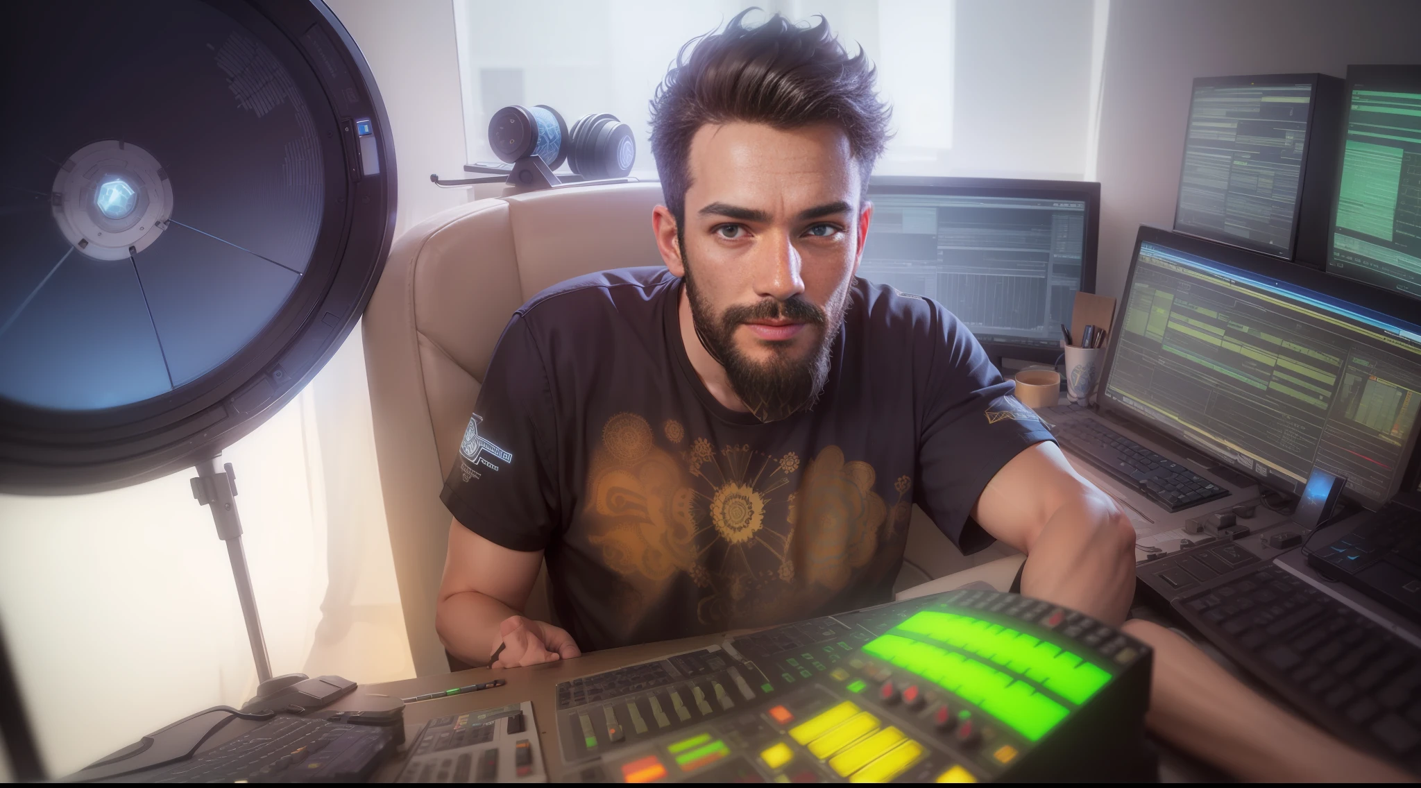 Alden is a happy, young, handsome & Super Talented World Famous Psytrance Producer, Alden is sitting at his home studio producing some nice & fresh deep beats in his workstation and synthetizers, Alden has very short hair and is wearing a nice futuristic outfit with light colors and some awesome fluorescent cosmic fractal mandalas with futuristic mayan-aztech-quetzalcoatl motifs and accents which delightfully glow subtly with the radiance of some UV-lights, as also does some of the the deco of his studio which is very hightech and yet galactic-mayan, mandala, alchemystically looking and cool, photo for an online article shot with Goerz Hypergon f/8, UHD, masterpiece, super detail, high details, high quality, award winning, best quality, highres, 16k