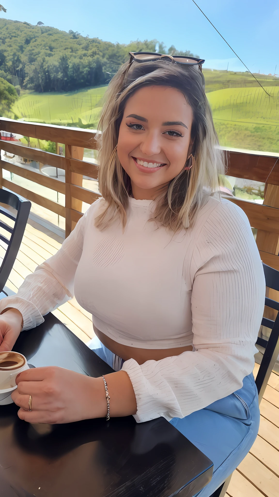 woman sitting at a table with a cup of coffee and a plate of food, sentado em uma mesa cor de mocha, sitting in a cafe, sentar-se casualmente, belos arredores, divertindo-se, em um dia ensolarado, usando um top cropped sexy, taken in the early 2020s, Pose casual, Vestido casualmente, em um dia brilhante