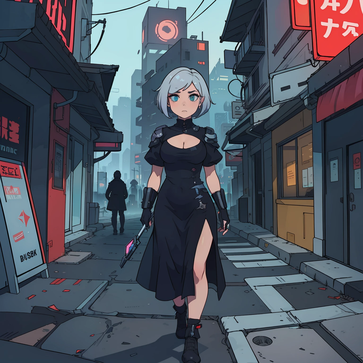 (obra-prima:1.3), (melhor qualidade), mulher, 2B , vestido cyberpunk, cidade cyberpunk