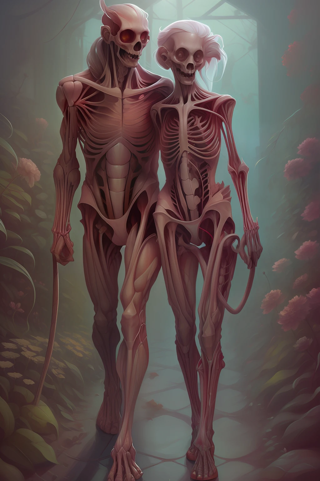 art by (apterus:1.3). Romantic couple walking in the garden (apterus creepy anatomy:1.2).
