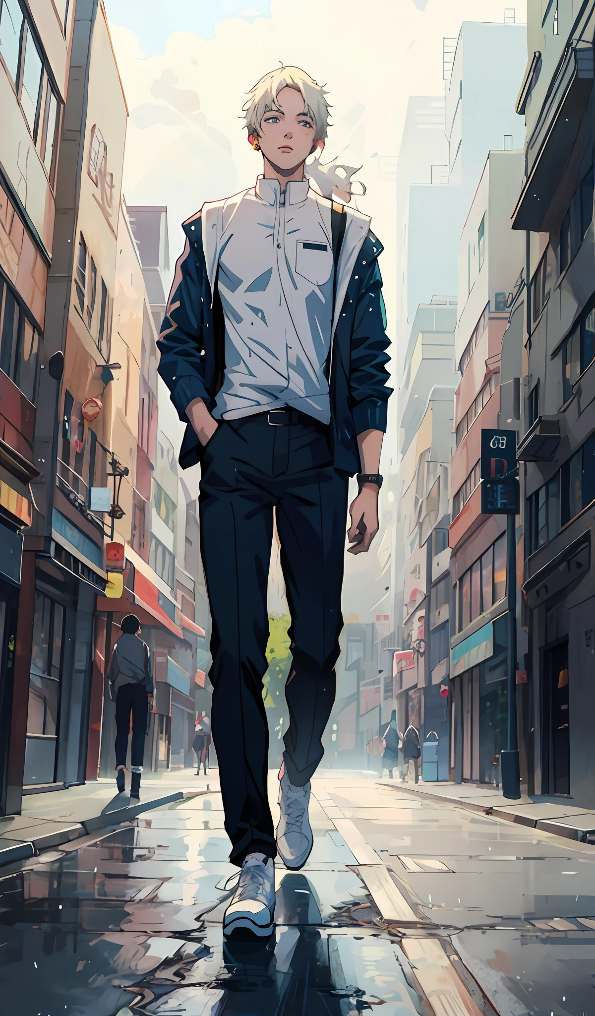 anime character walking down a wet city street with a baseball bat, digital anime illustration, in style of digital illustration, Hombre caminando por la ciudad, Estilo de Kilian Eng, stunning digital illustration, Makoto Shinkai Cyril Rolando, detailed 2d illustration, Fondo de pantalla de manga 4 k, stylized urban fantasy artwork, Obras de arte al estilo de Guweiz