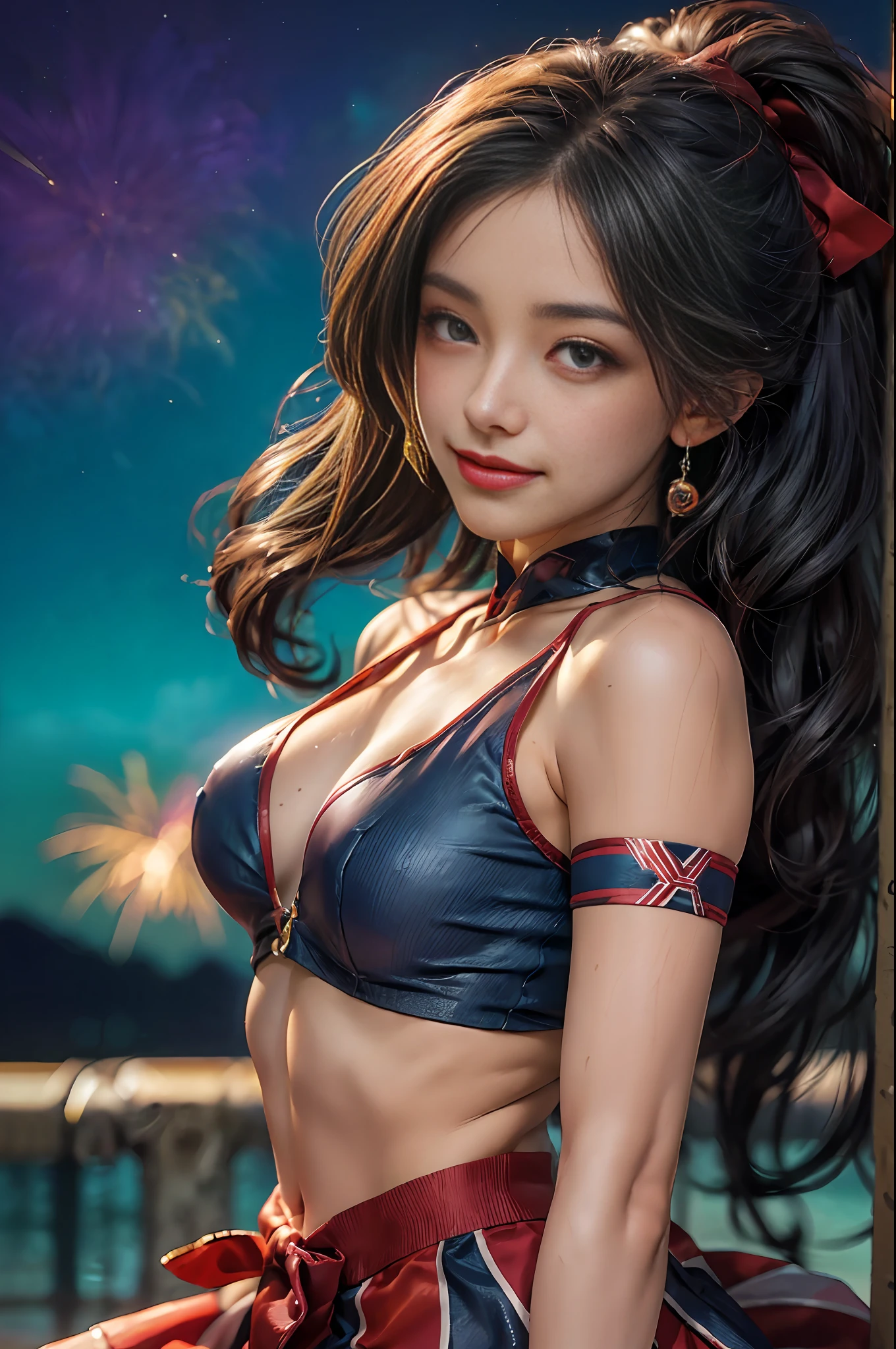 ((, obra-prima close-up do corpo de uma mulher 18 anos, gostosa, cabelo loiro, rabo de cavalo, olhos cintilante azul,red bow in hair, branca, sorriso no rosto, cheerleader, medium bell clothing, saia curtinha, calcinha kawaii amostra, peito grande, coxas grossas, cintura fina, pulando, pulando alto, noite, fireworks in the sky, 1.12) tiro de frente, olhando para o espectador, 8k ultra HD vivid colors masterpiece ultra cinematic resolution)).