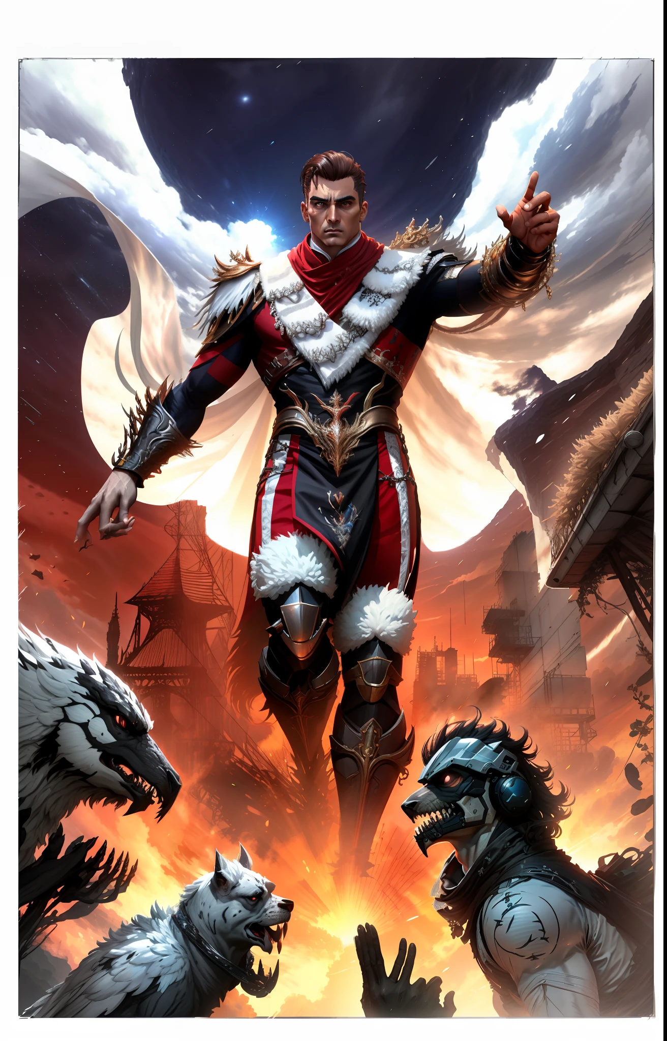 majestoso, Homem adulto, traje vermelho e Branco, longa capa branca nas costas, músculoso, Motor Unreal 5, 8k.