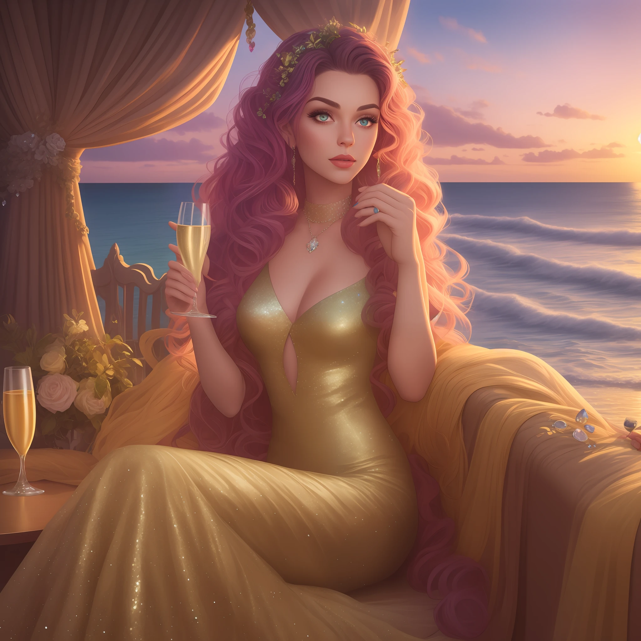 a pixar render disney style young woman wearing big glittery crystals, posing, with long curly hair, drinking champagne at sunset, in the style of realistic fantasy artwork, shiny glistening eyes, fairy academia, pastels, 32k uhd, editorial illustrations, sitting by the ocean at sunset