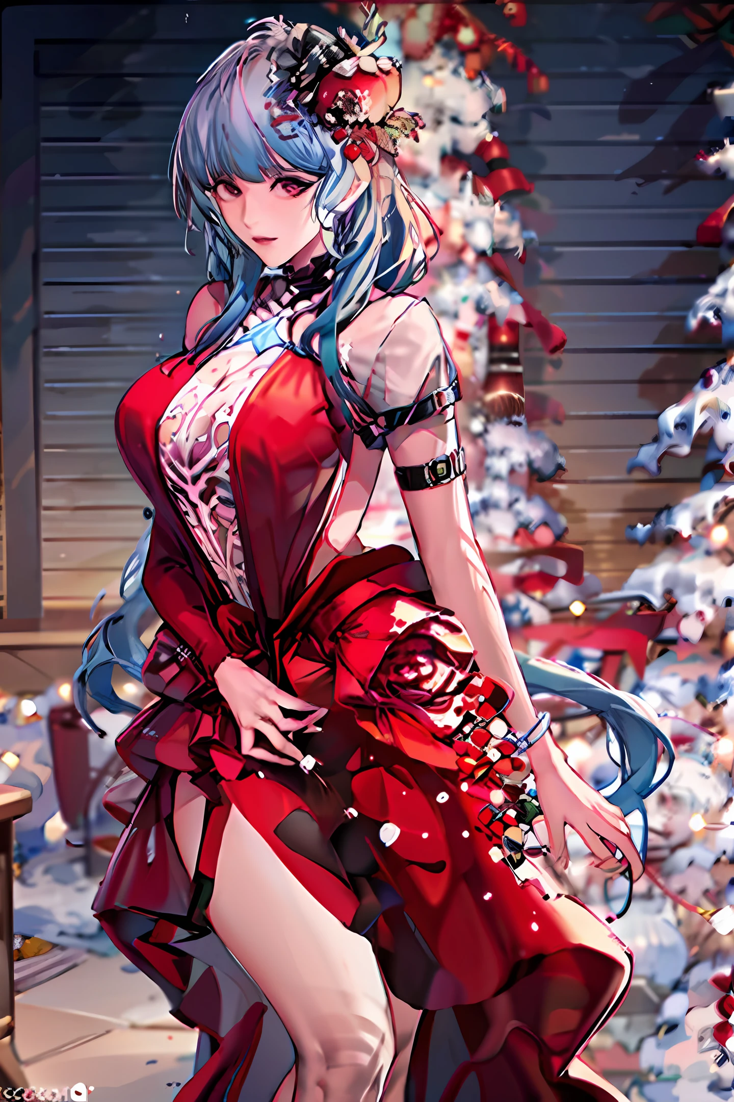 Girl, medieval dress, big breasts, blue hair