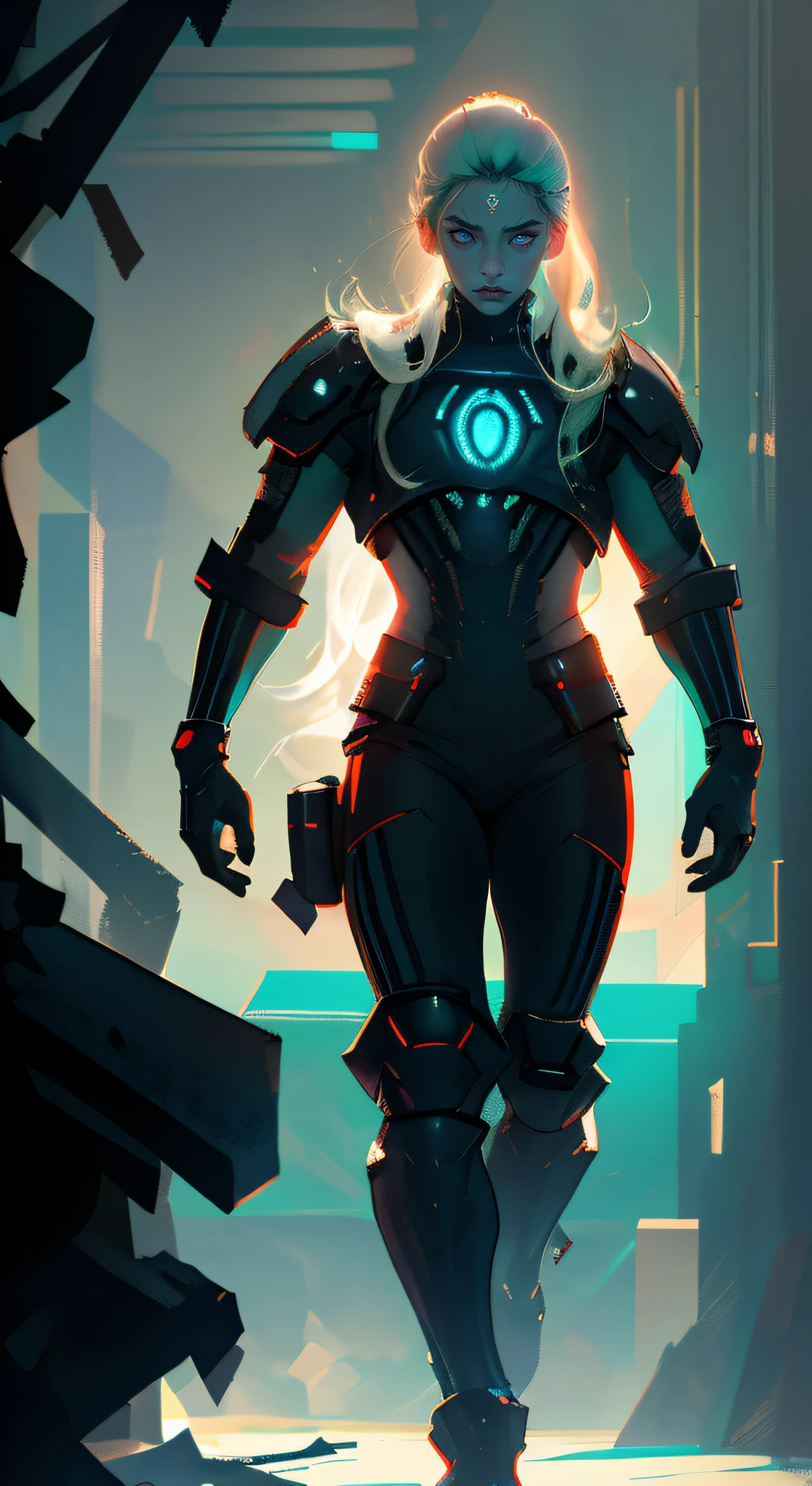 Striped hair, silver, long hair, blue hair, aqua eyes, glowing eyes, anchor necklace, cyberpunk, film grain, stereogram, tachi-e, masterpiece, textured skin, detailed face, fluorescent translucent clothes, muscular body, military, textured skin, glowing eyes, bright light, daybreak, cyberpunk background, fullbody shot, dynamic pose