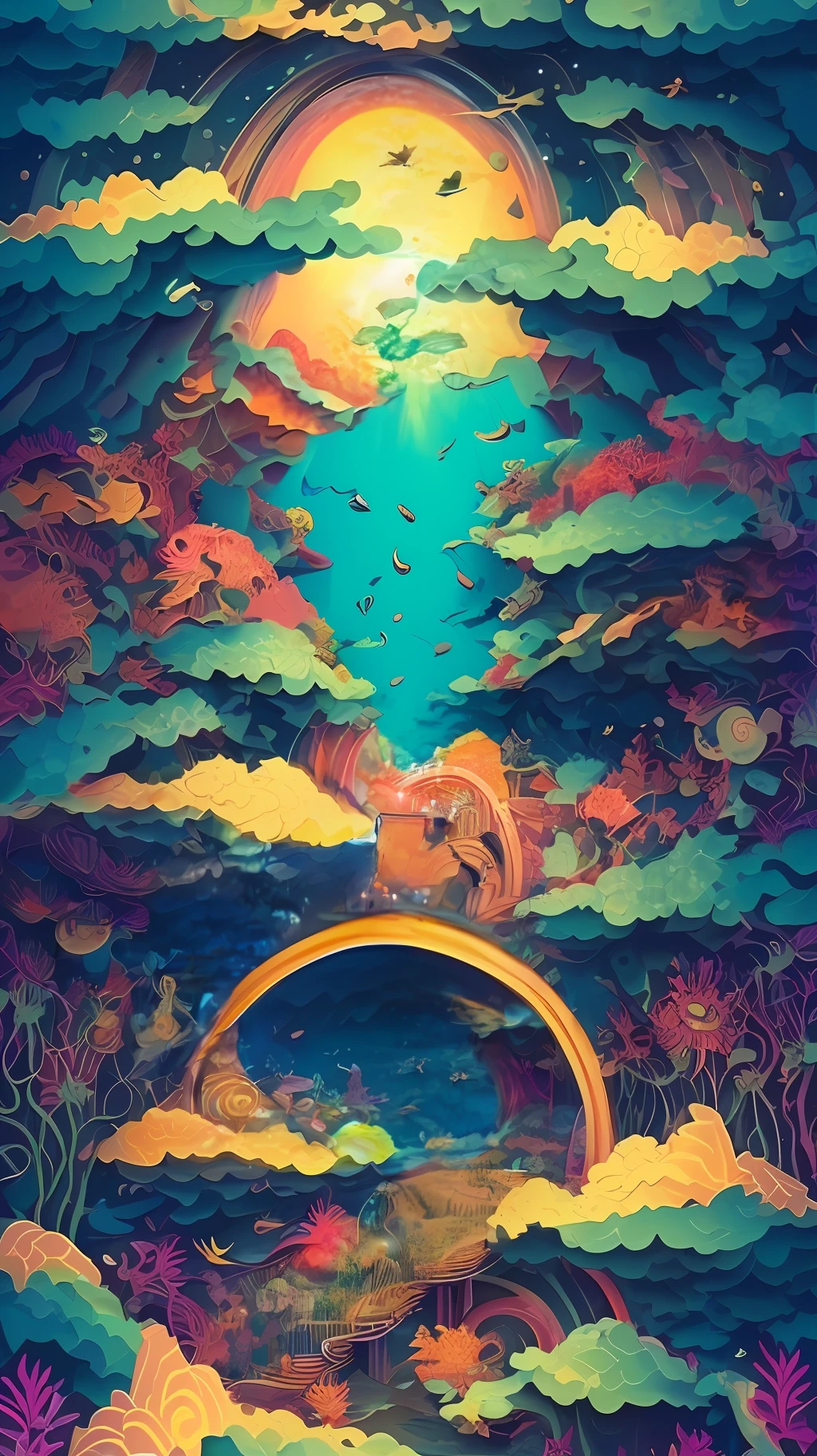 mdjrny-pprct,Chinese architecture, gardens, mountains and rivers, clouds, psychedelic details art, trippy, mushrooms, magical,(high detailed:1.2)